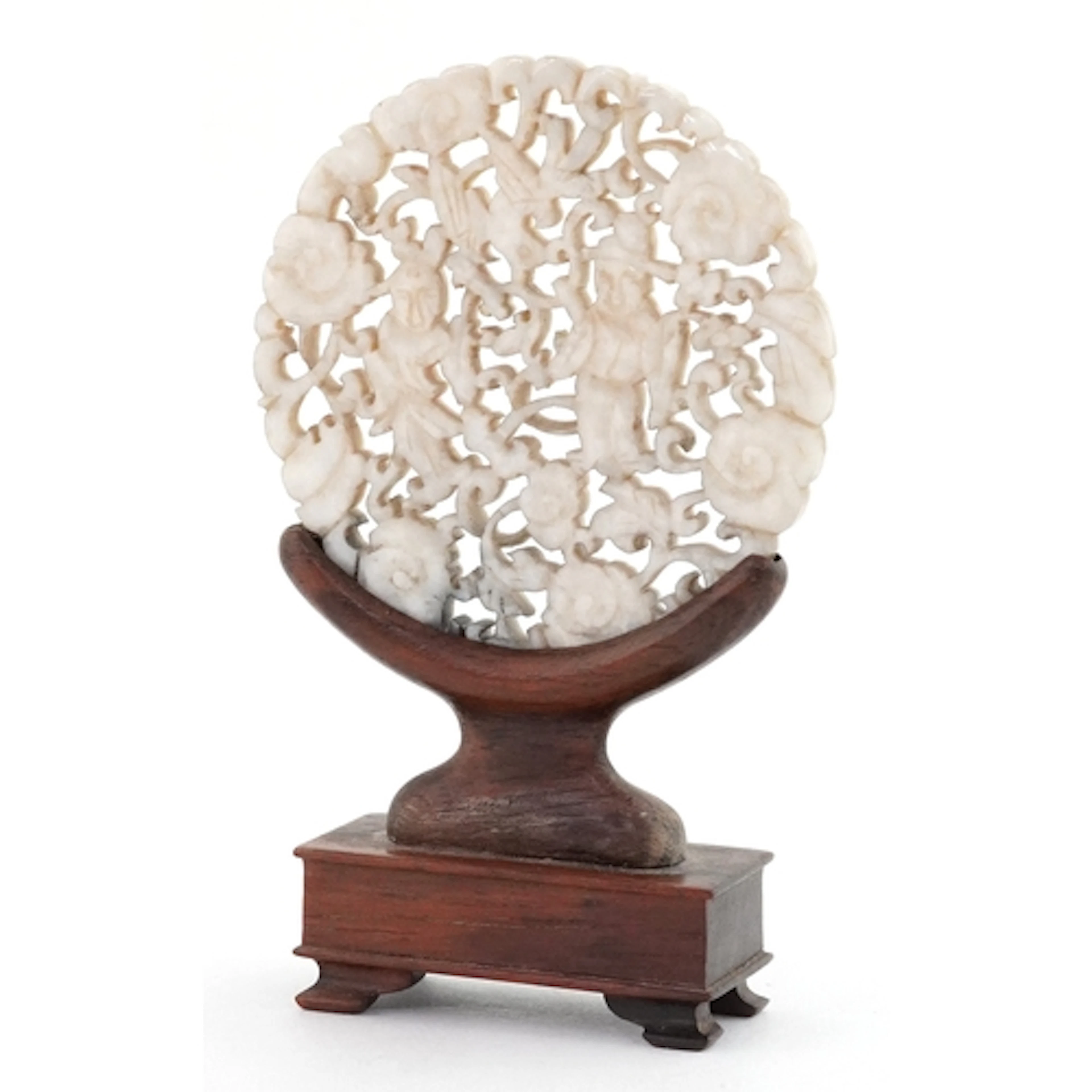 Chinese white stone disc carved with figures and birds among...