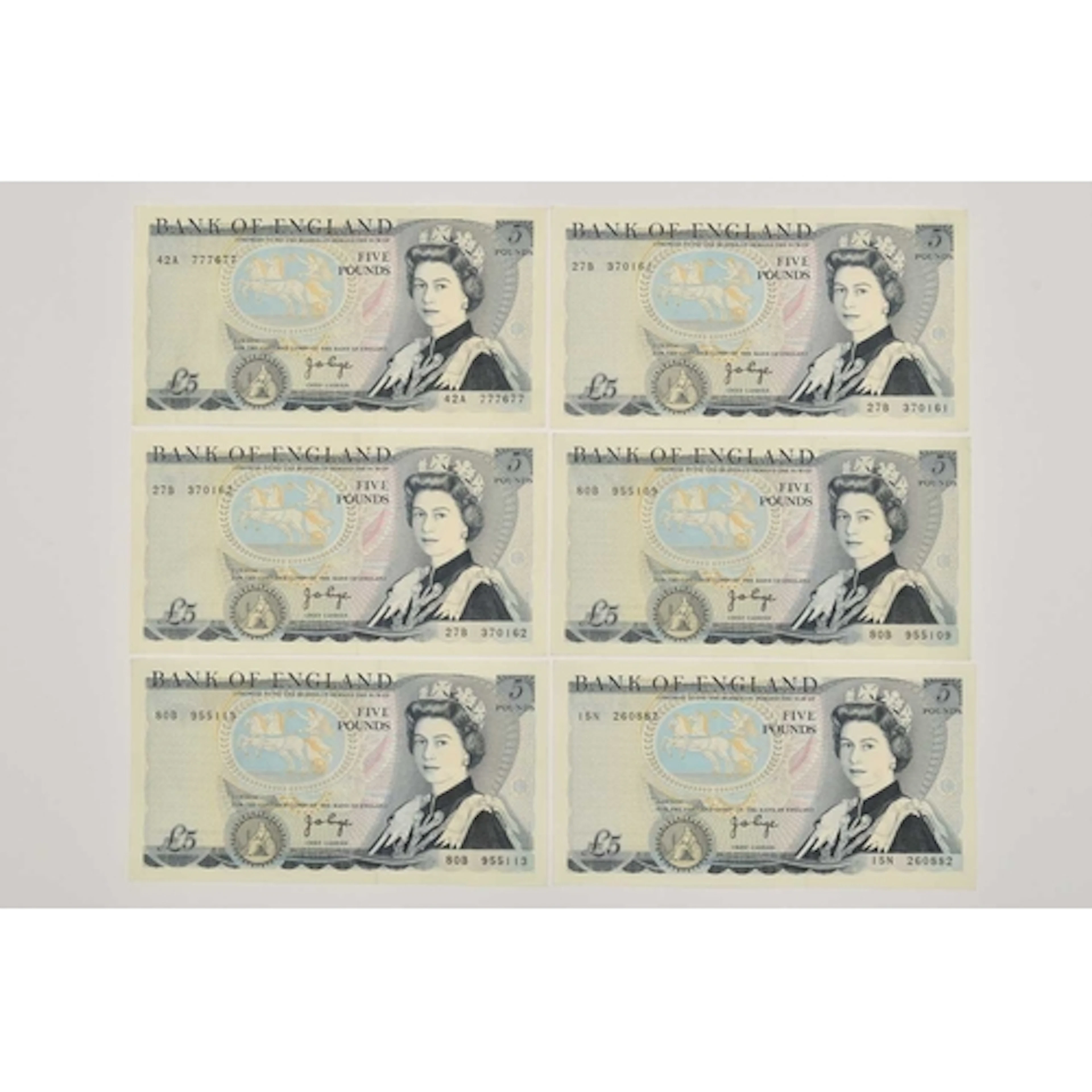Banknotes. 6 x Five Pound Notes, Page 1973 Prefix number A a...