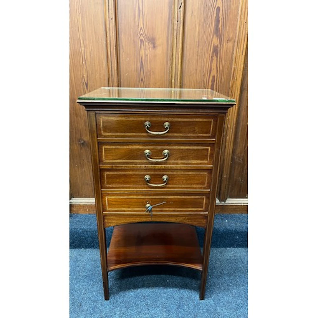 Mahogany four drawer music cabinet with inlay design, 92cm x...