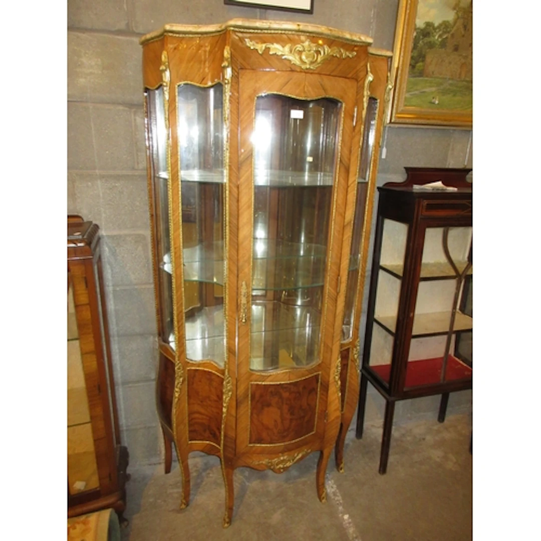 French Design Walnut and Brass Mounted Shaped Front Vitrine ...