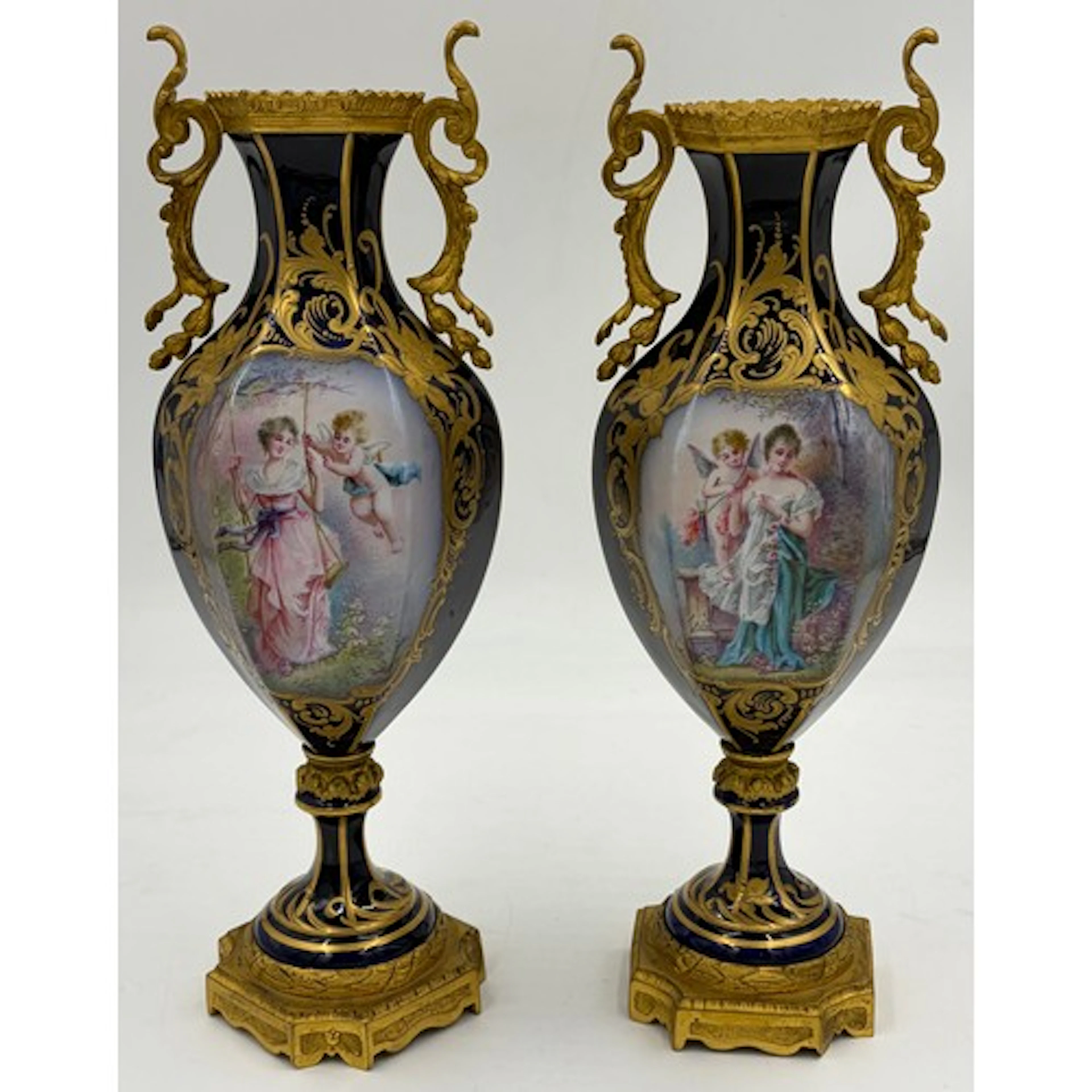 Pair of 19thC cobalt blue and gilt Sèvres-style porcelain va...