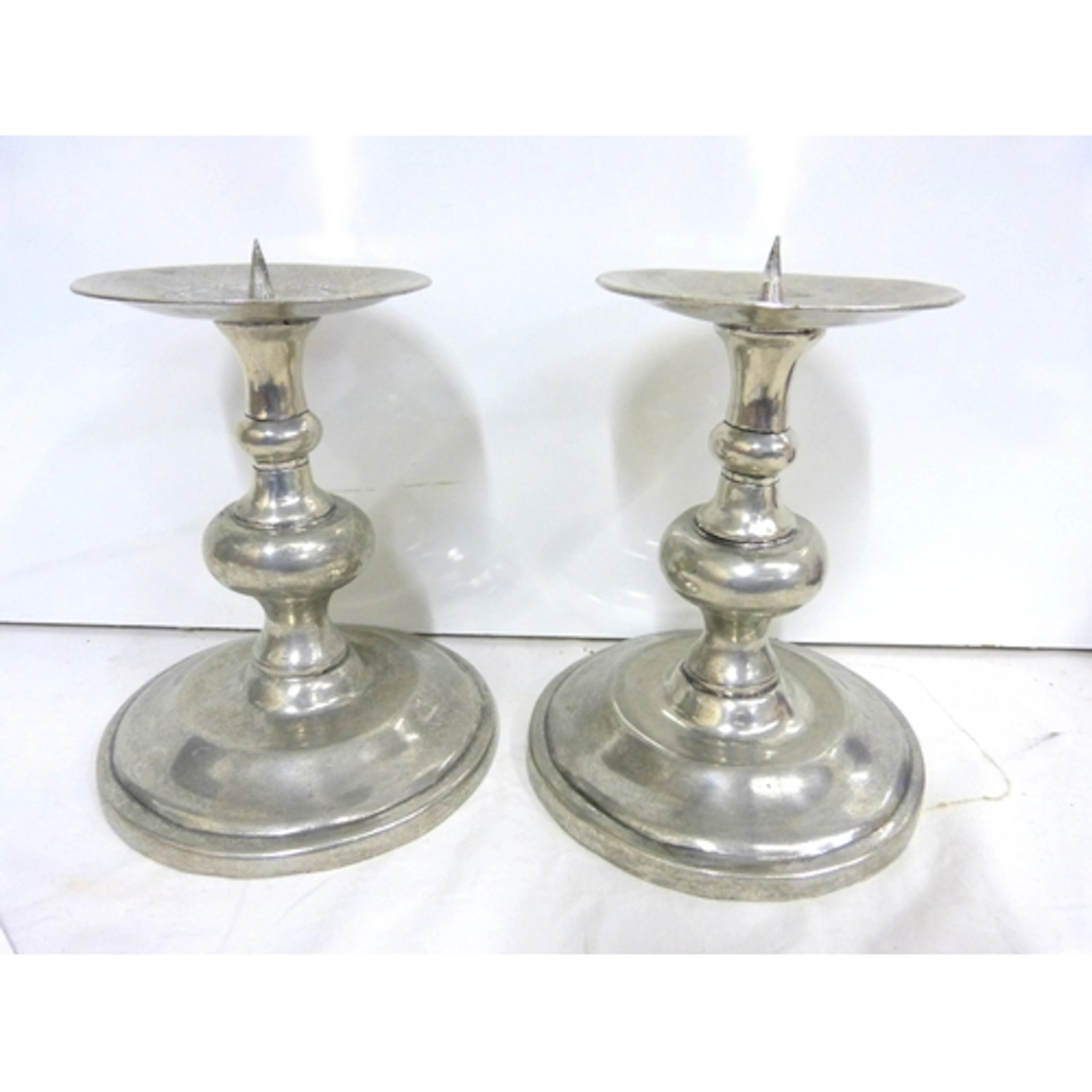 Large pair of pewter antique altar candlesticks H.20cm x W.1...