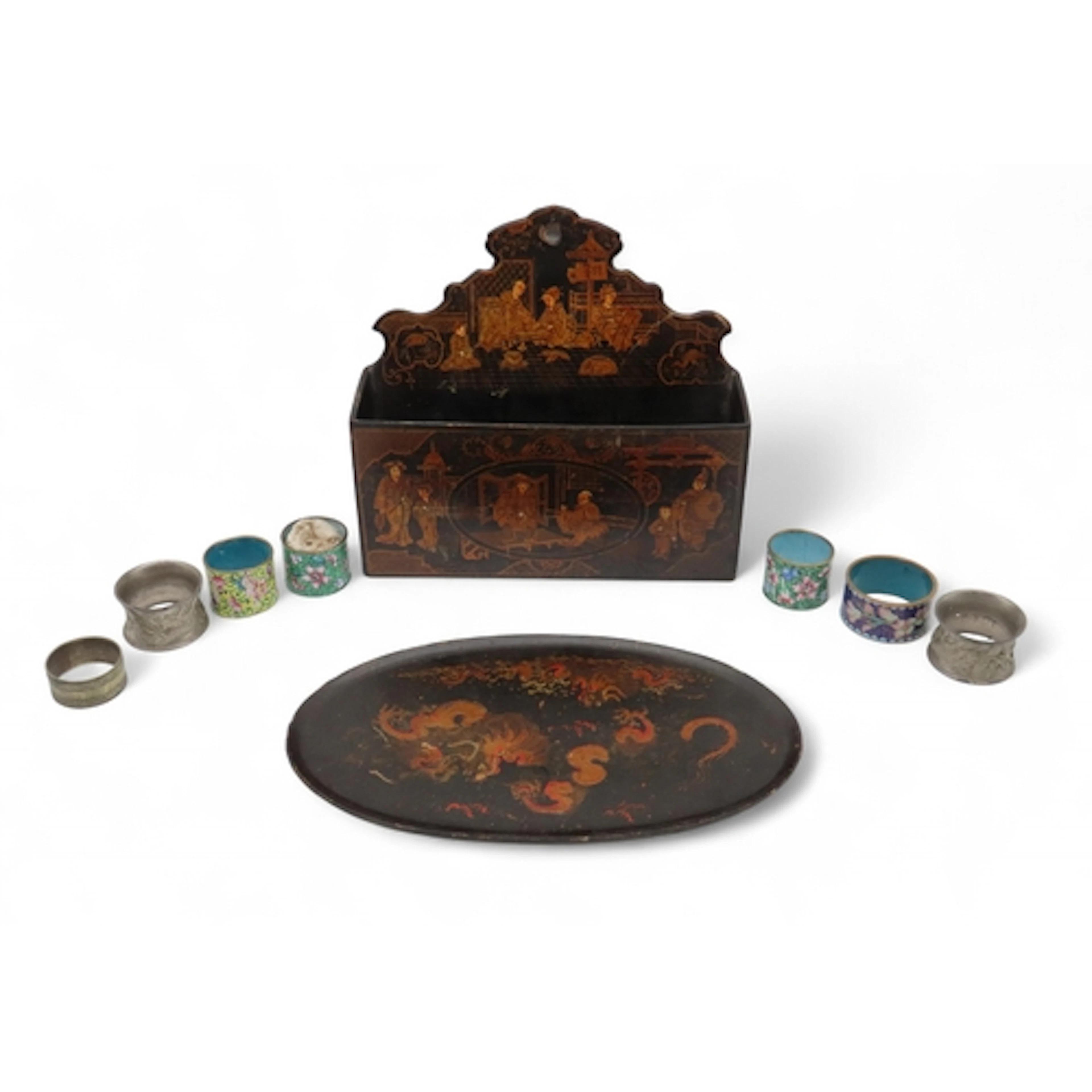 Chinese cloisonne napkin rings, pewter examples, a lacquer w...