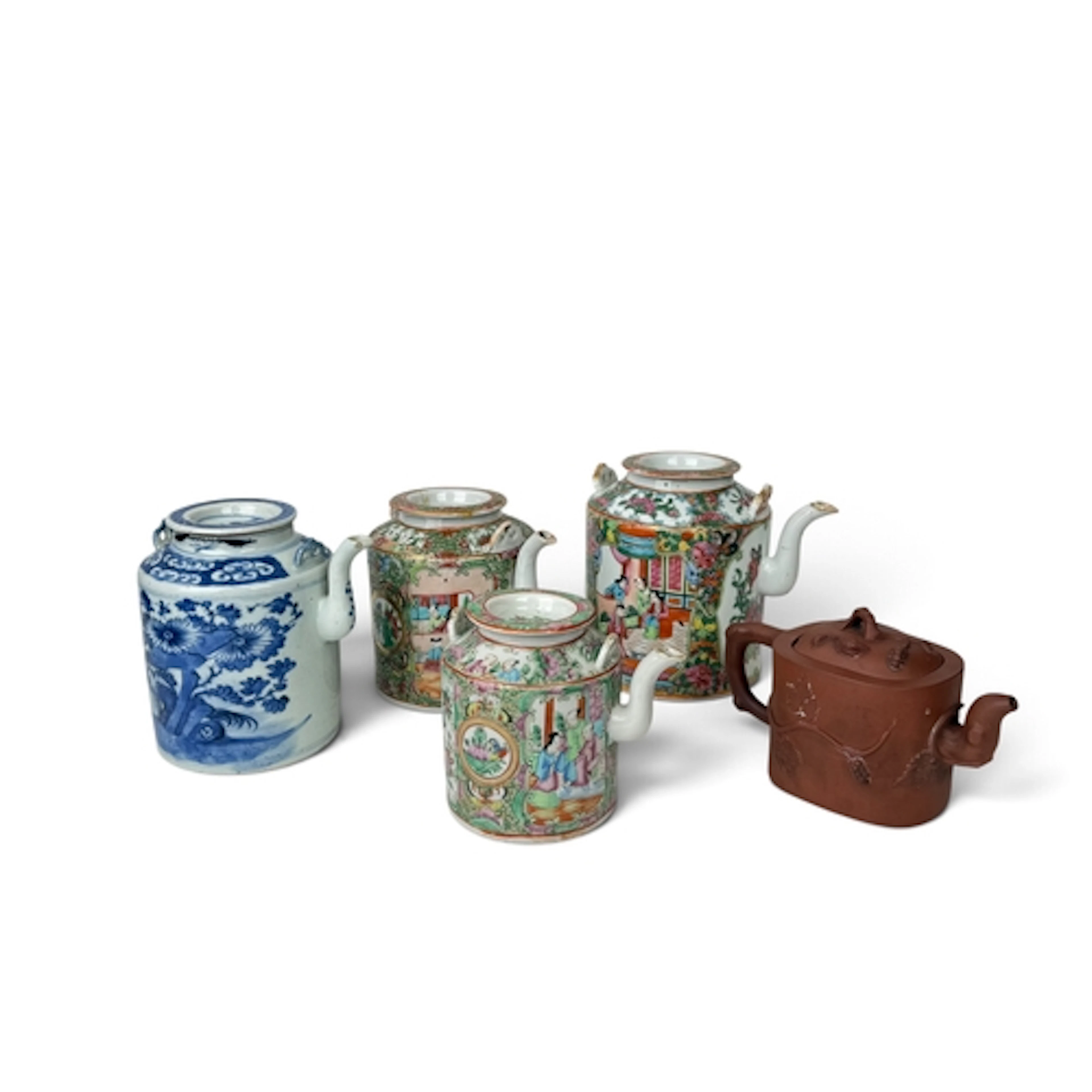 THREE CHINESE LATE 19TH CENTURY FAMILLE ROSE TEAPOTS The lar...
