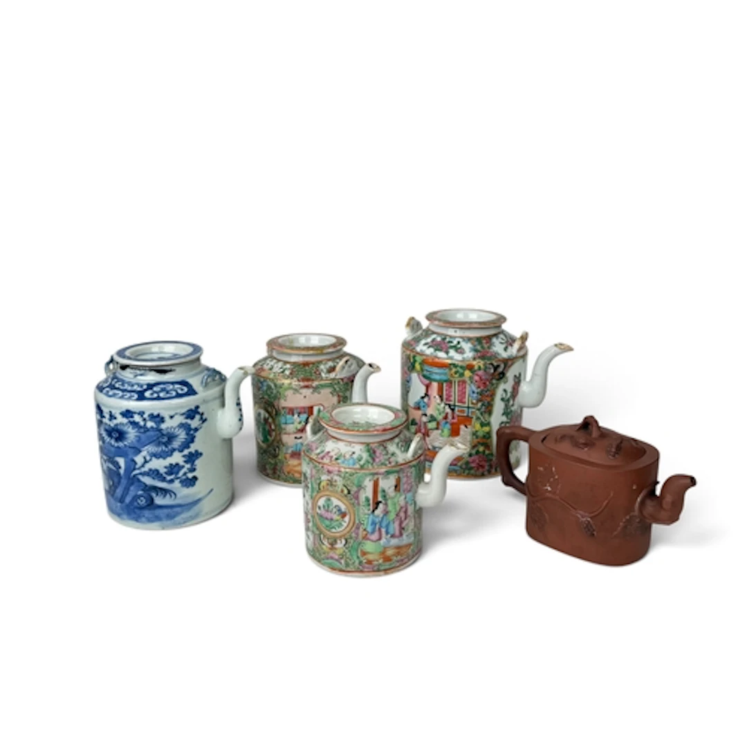 THREE CHINESE LATE 19TH CENTURY FAMILLE ROSE TEAPOTS The lar...