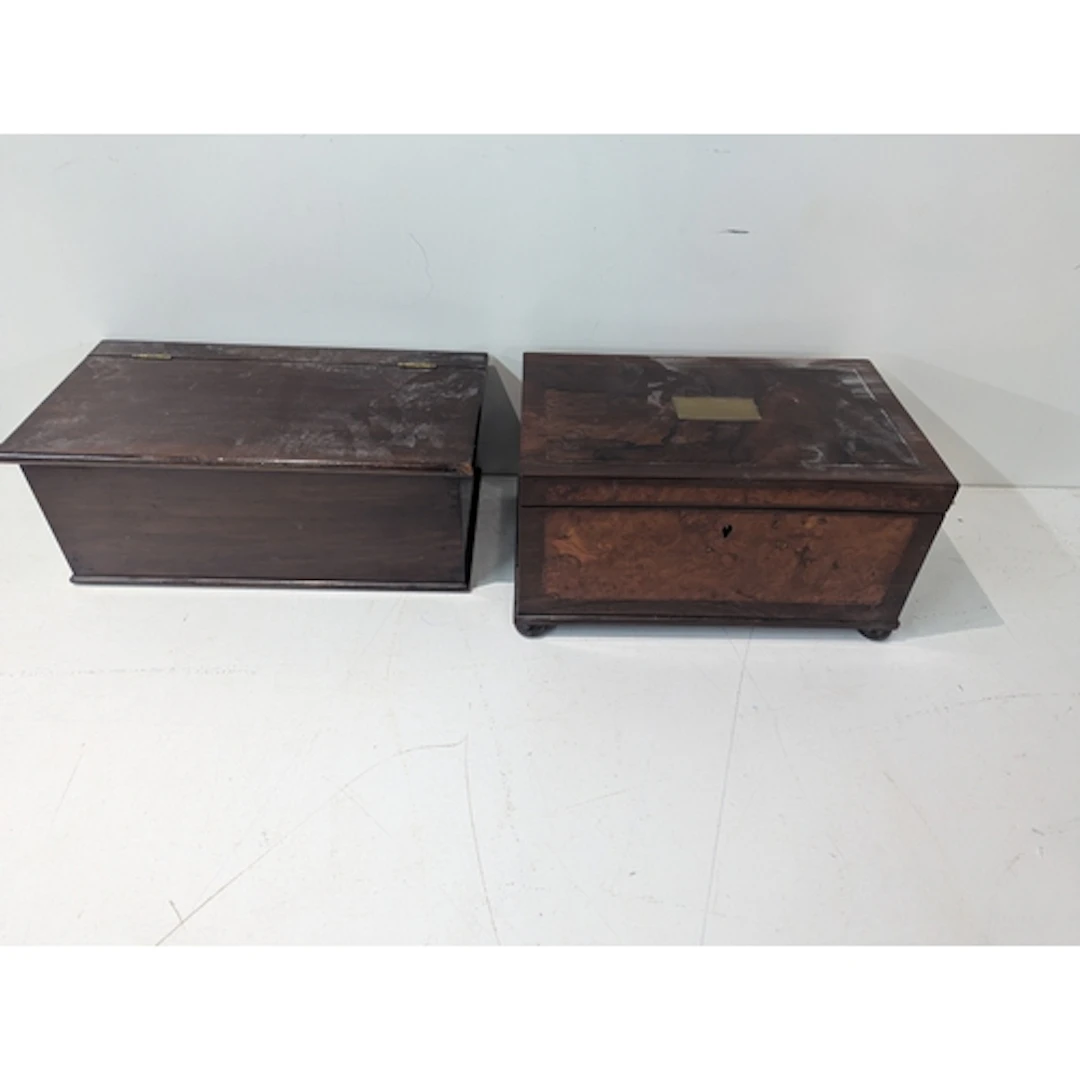Two wooden boxes, one plain oak example and another with mix...