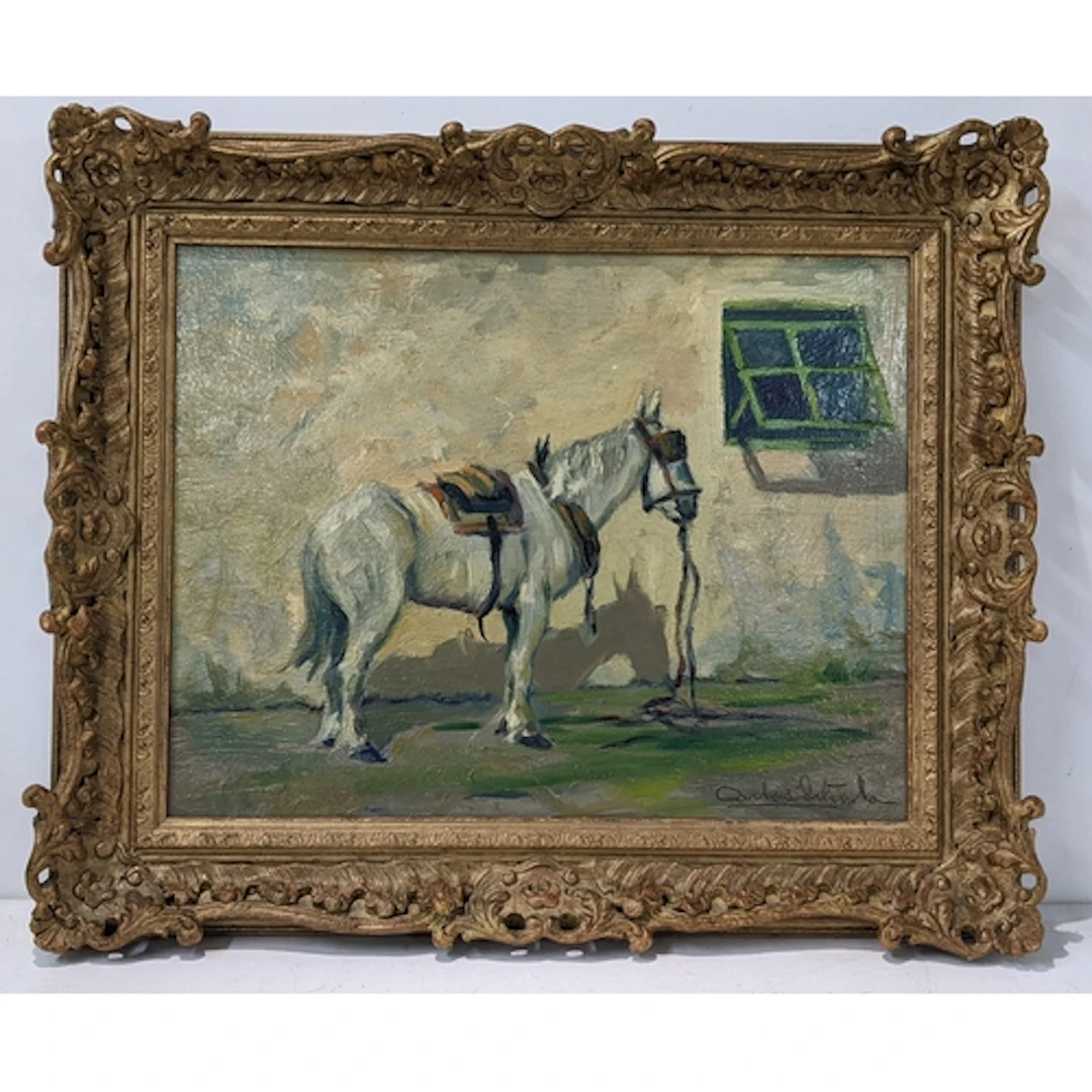 Carlos Sitorla - an oil on board depicting a saddled horse, ...