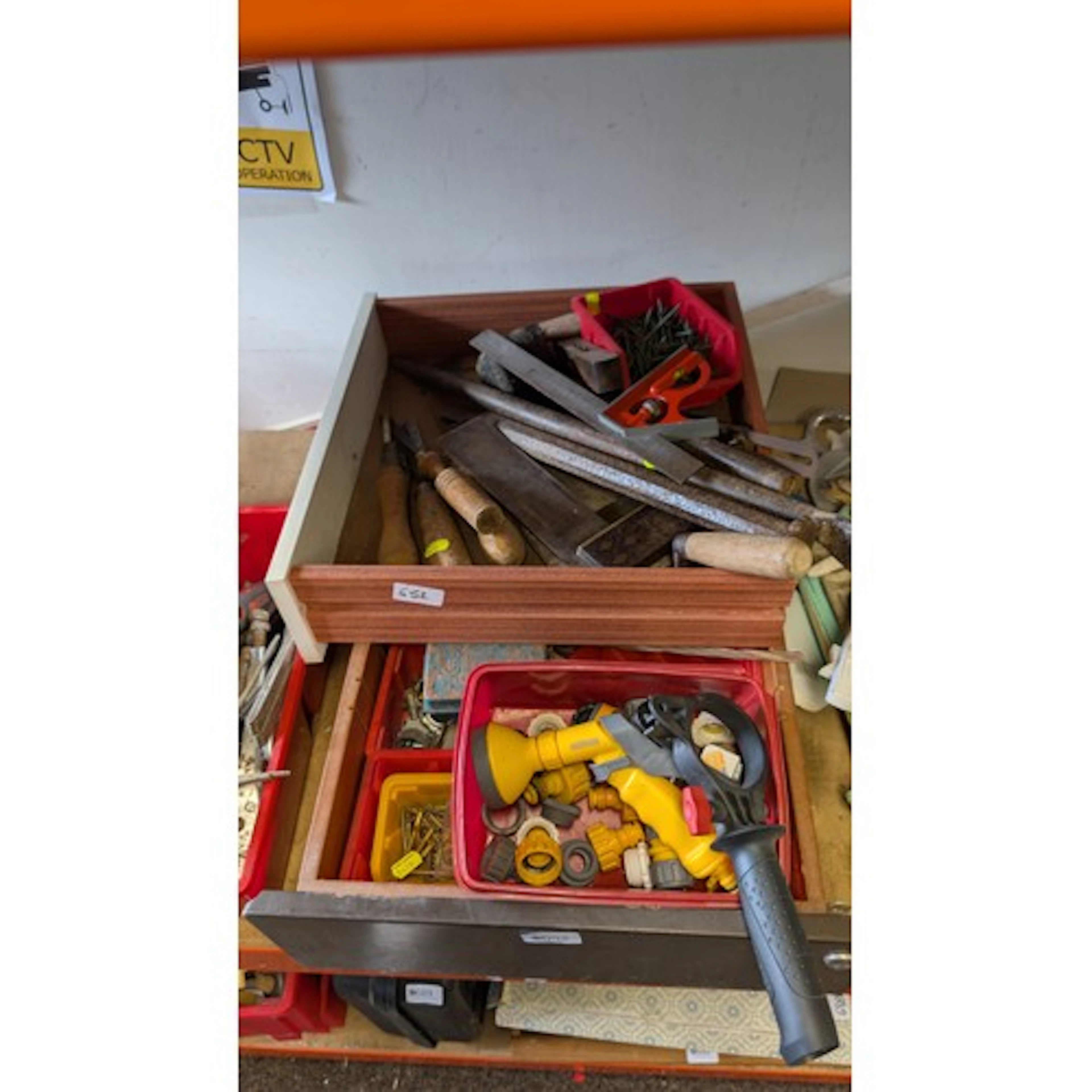 Two drawers containing vintage woodworking tools, fixings, h...
