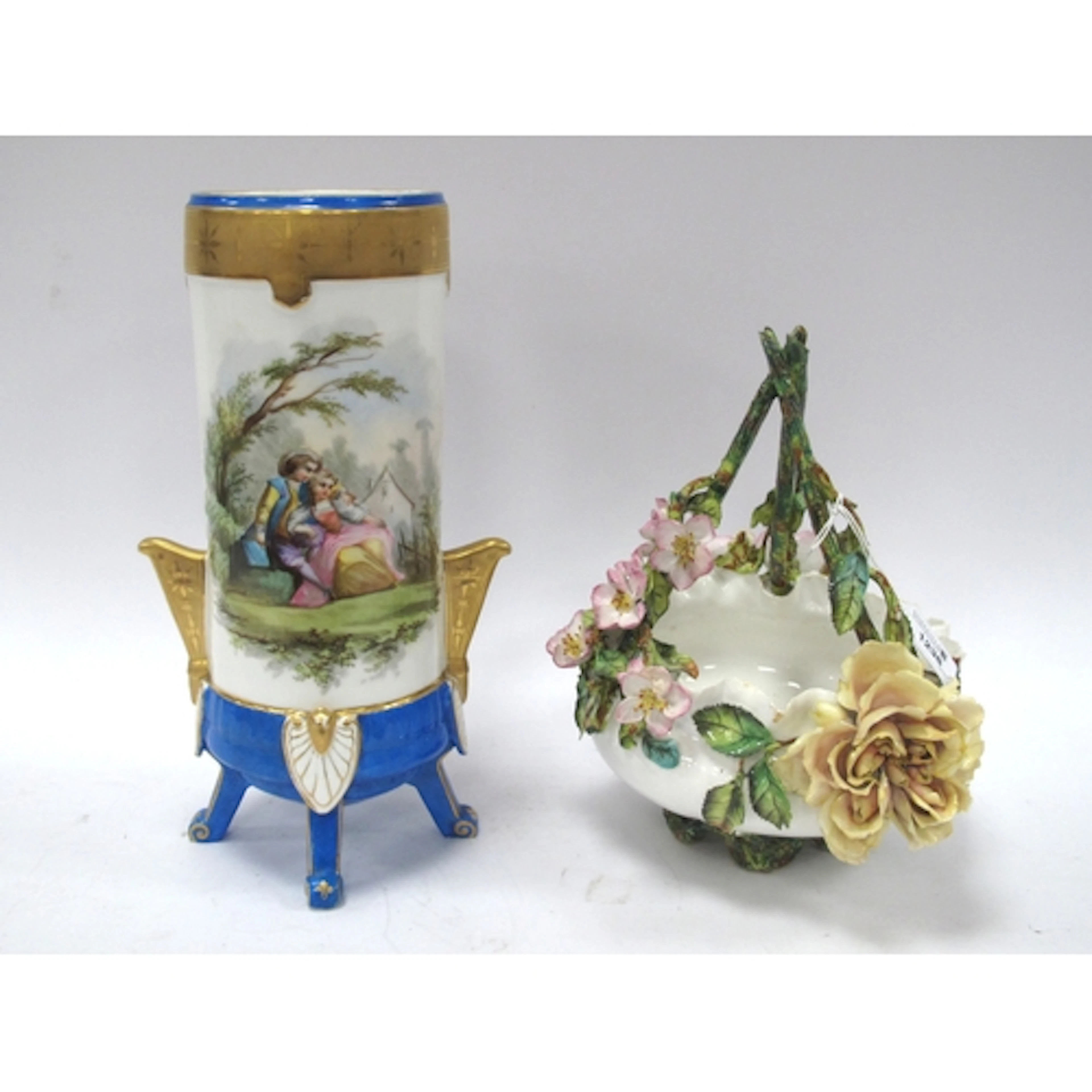 Continental Porcelan Cylinder Vase, hand painted with floral...