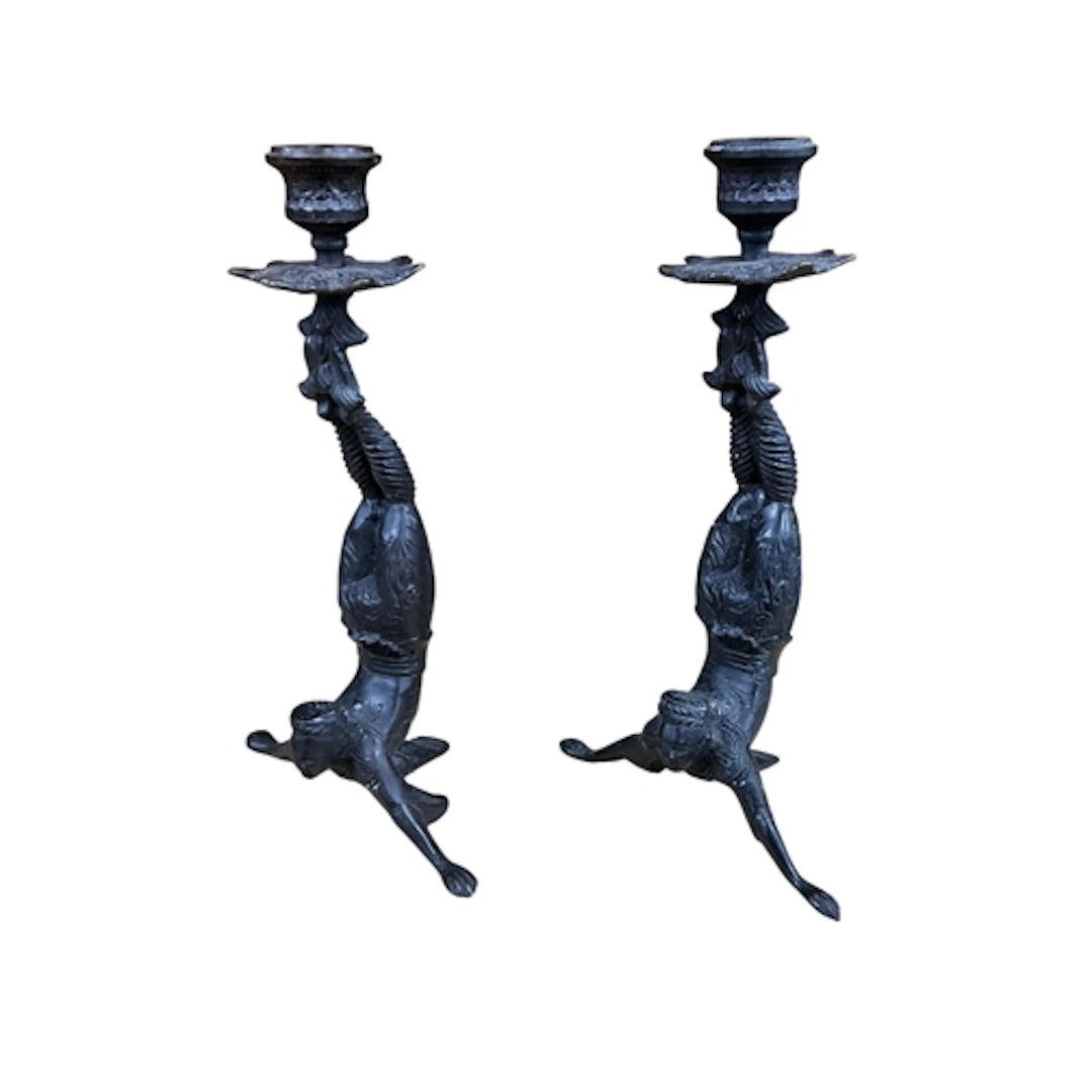 A pair of bronze figural mermaid candlesticks, 25cm high...