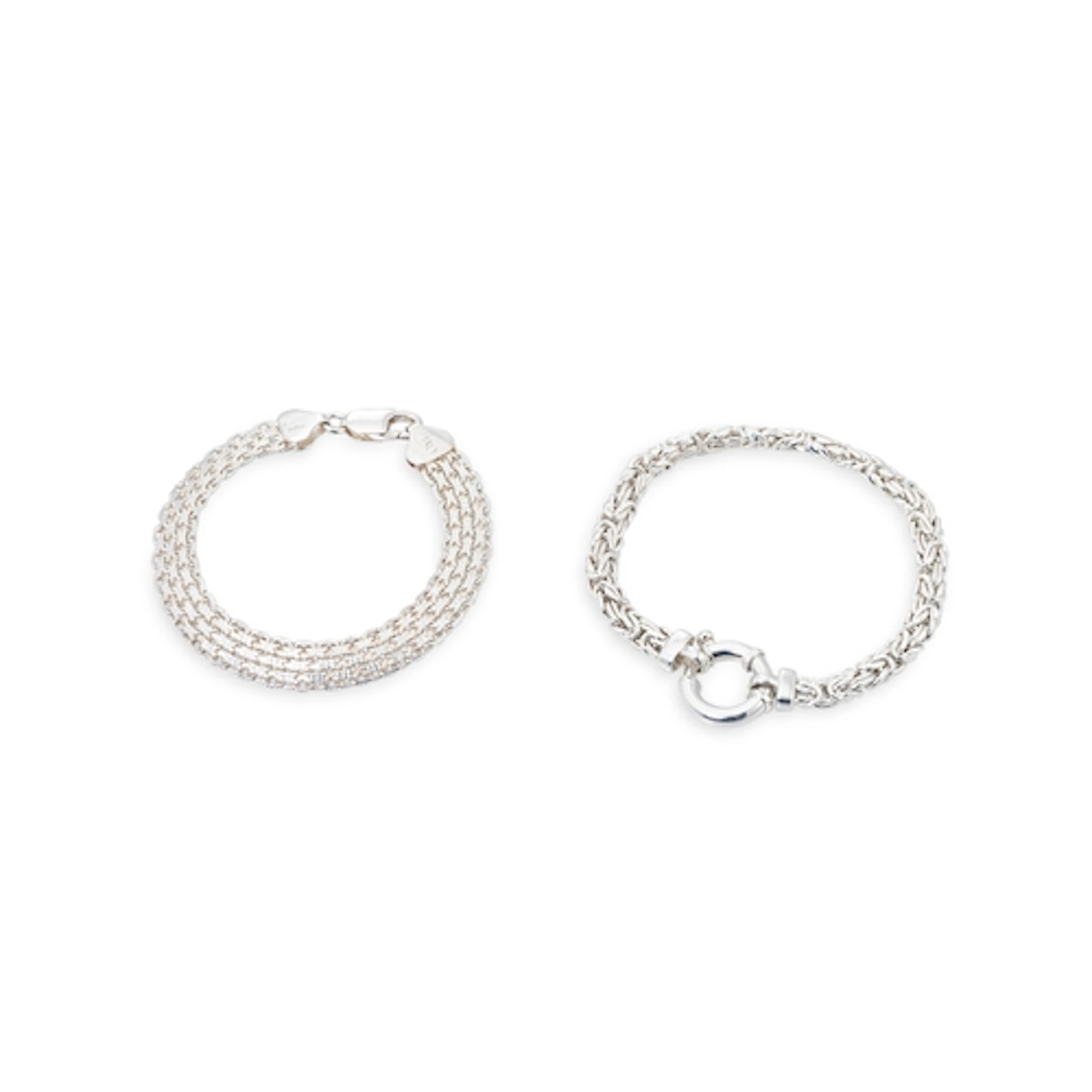 TWO STERLING SILVER BRACELETS, one featuring byzantine links...