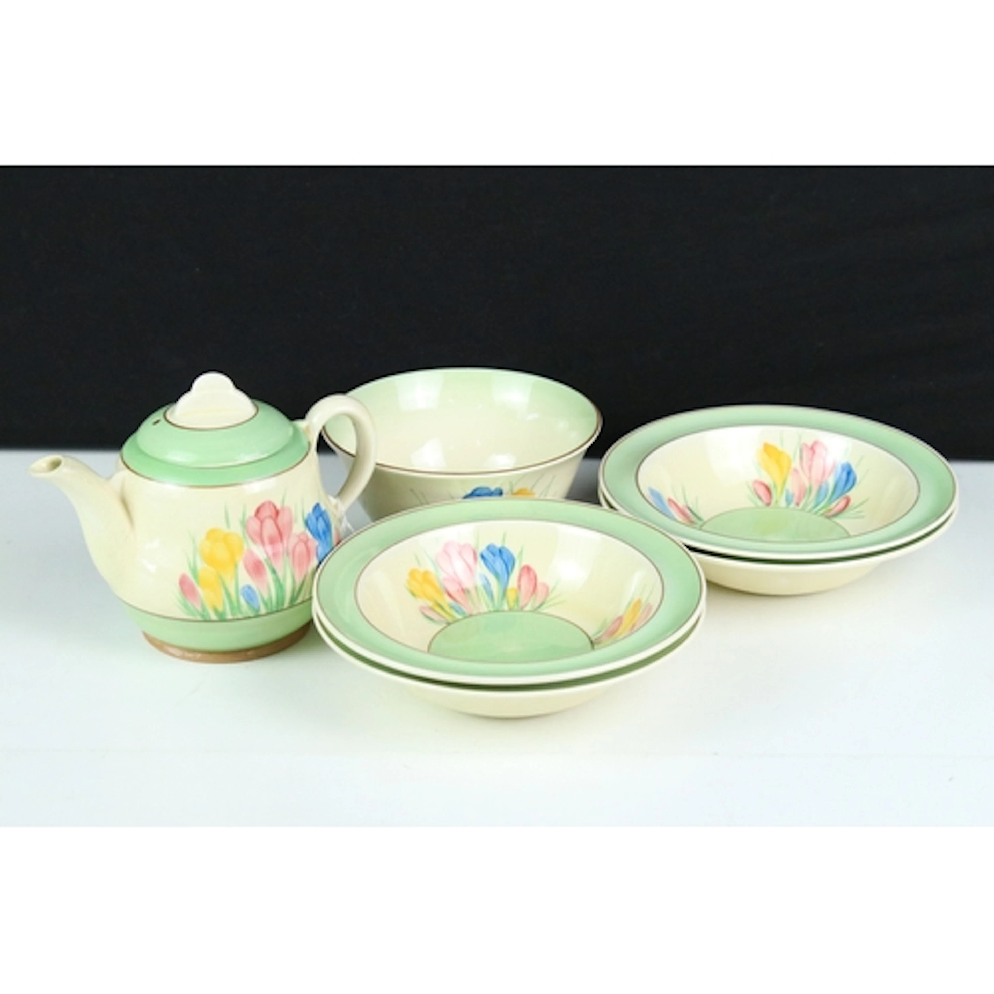 Clarice Cliff 'Spring Crocus' pattern teapot, bowl and four ...