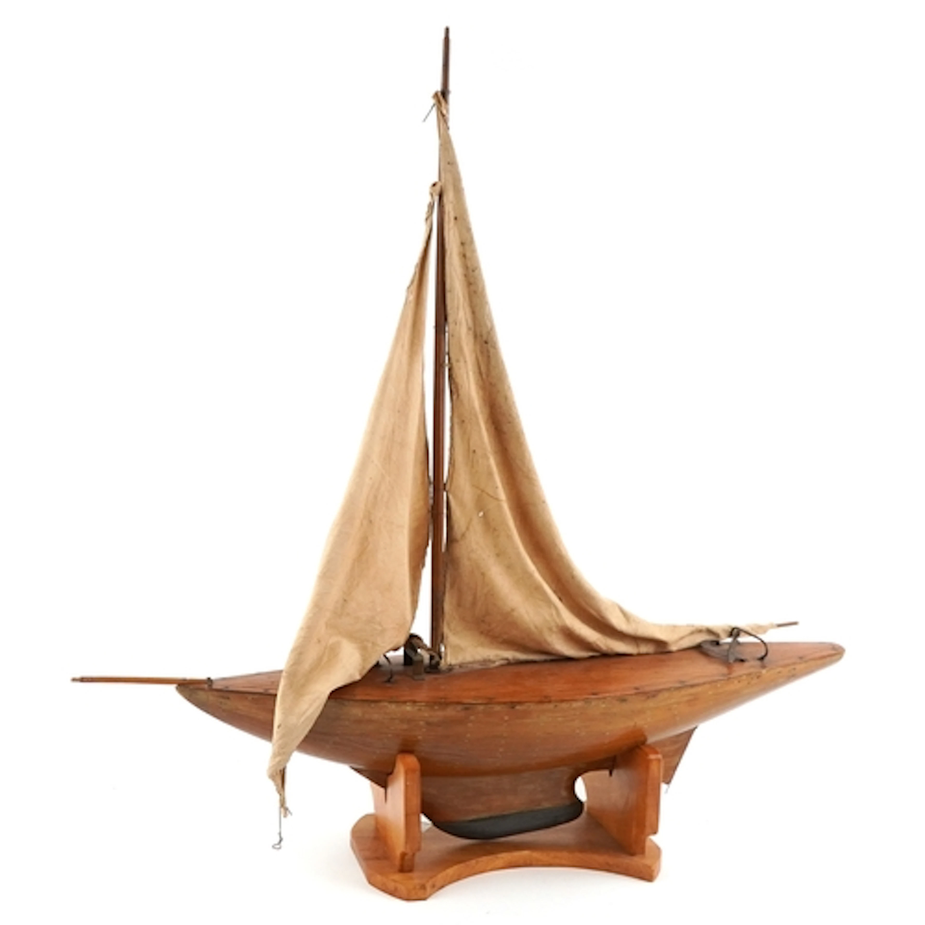 Large vintage wooden model sailing boat with cloth sails, 11...