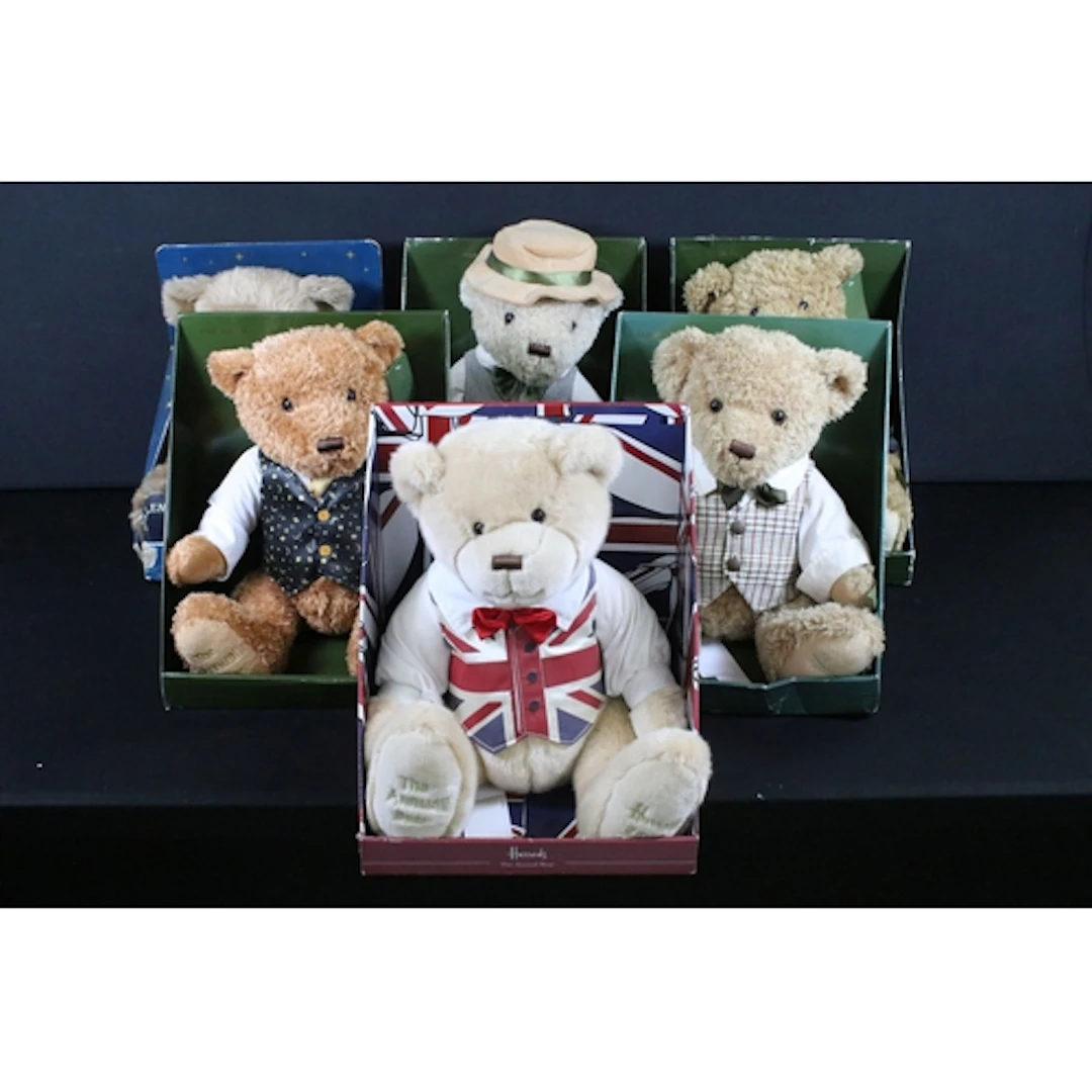Six boxed Harrods teddy bears to include Millennium Bear, Jo...