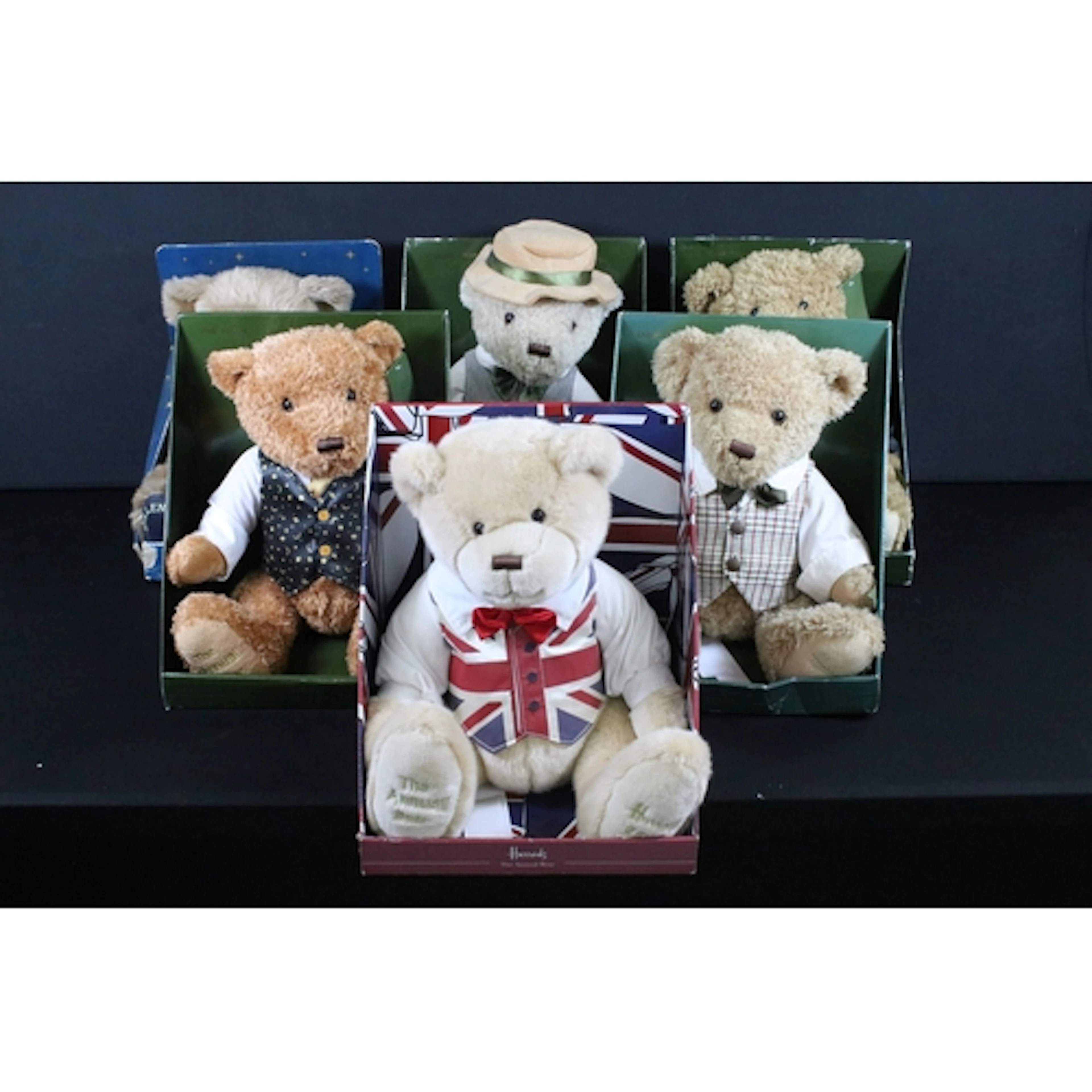 Six boxed Harrods teddy bears to include Millennium Bear, Jo...