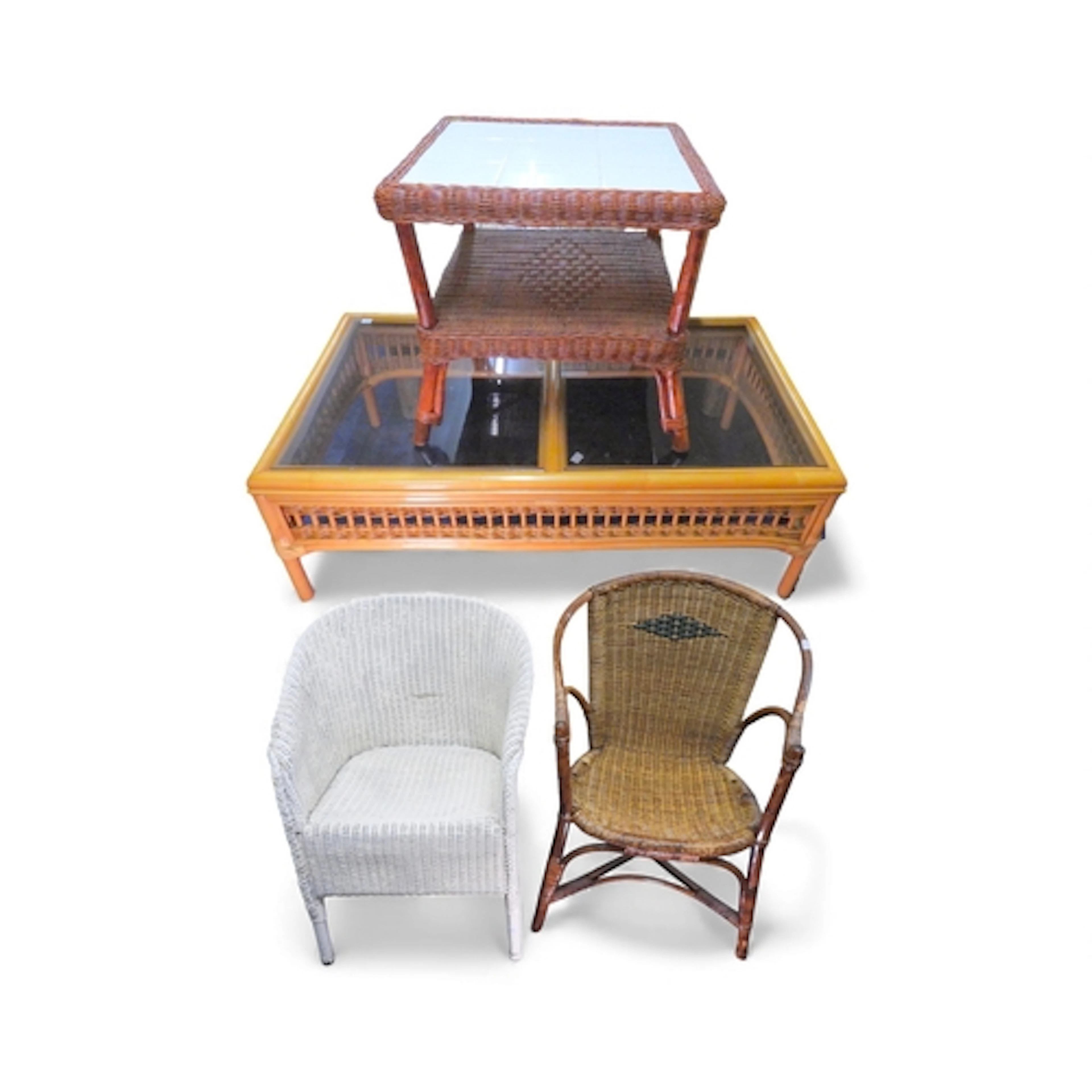 A mixed lot to include glass topped rattan coffee table, 39c...