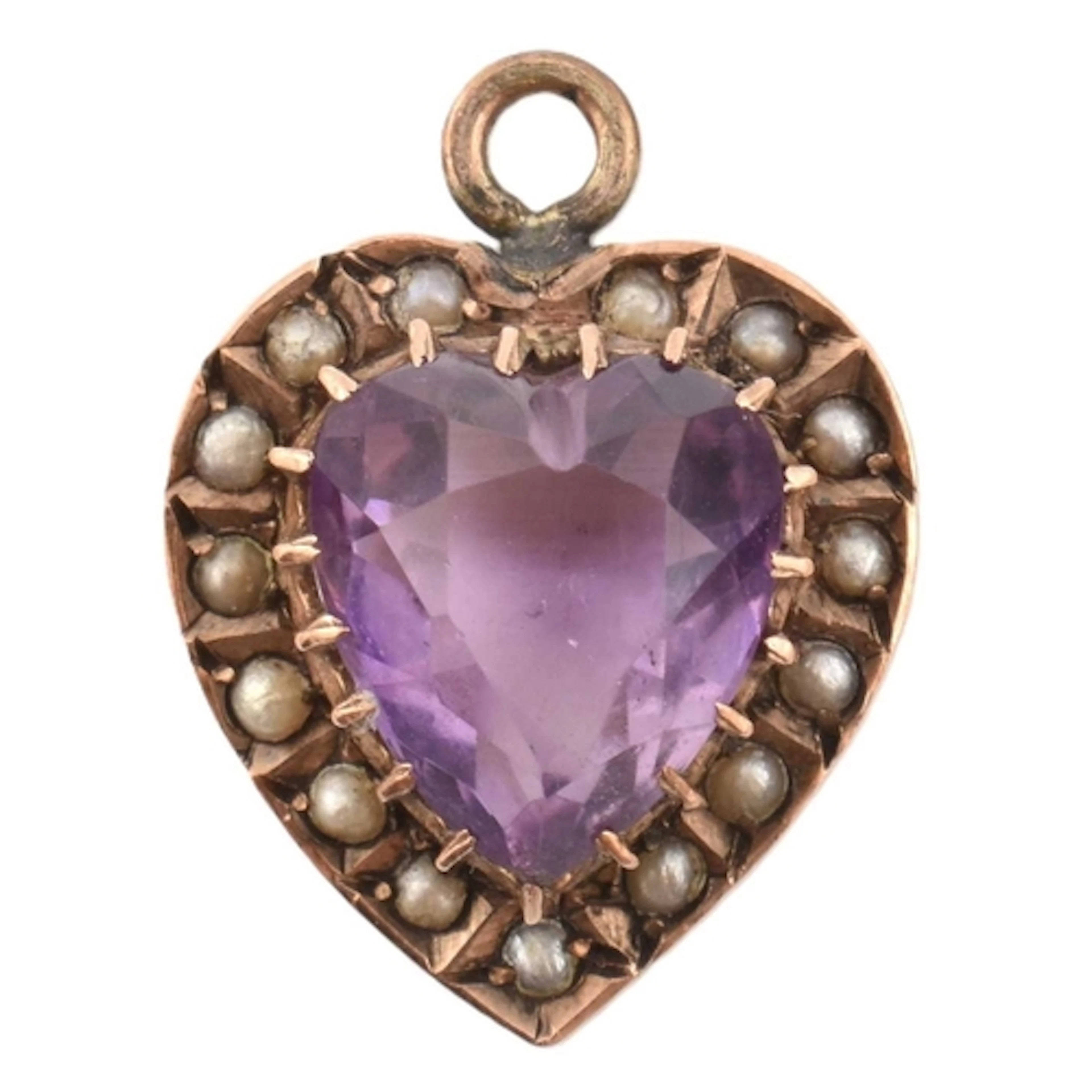 An Edwardian amethyst and pearl heart pendant. 0.8g. Unmarke...
