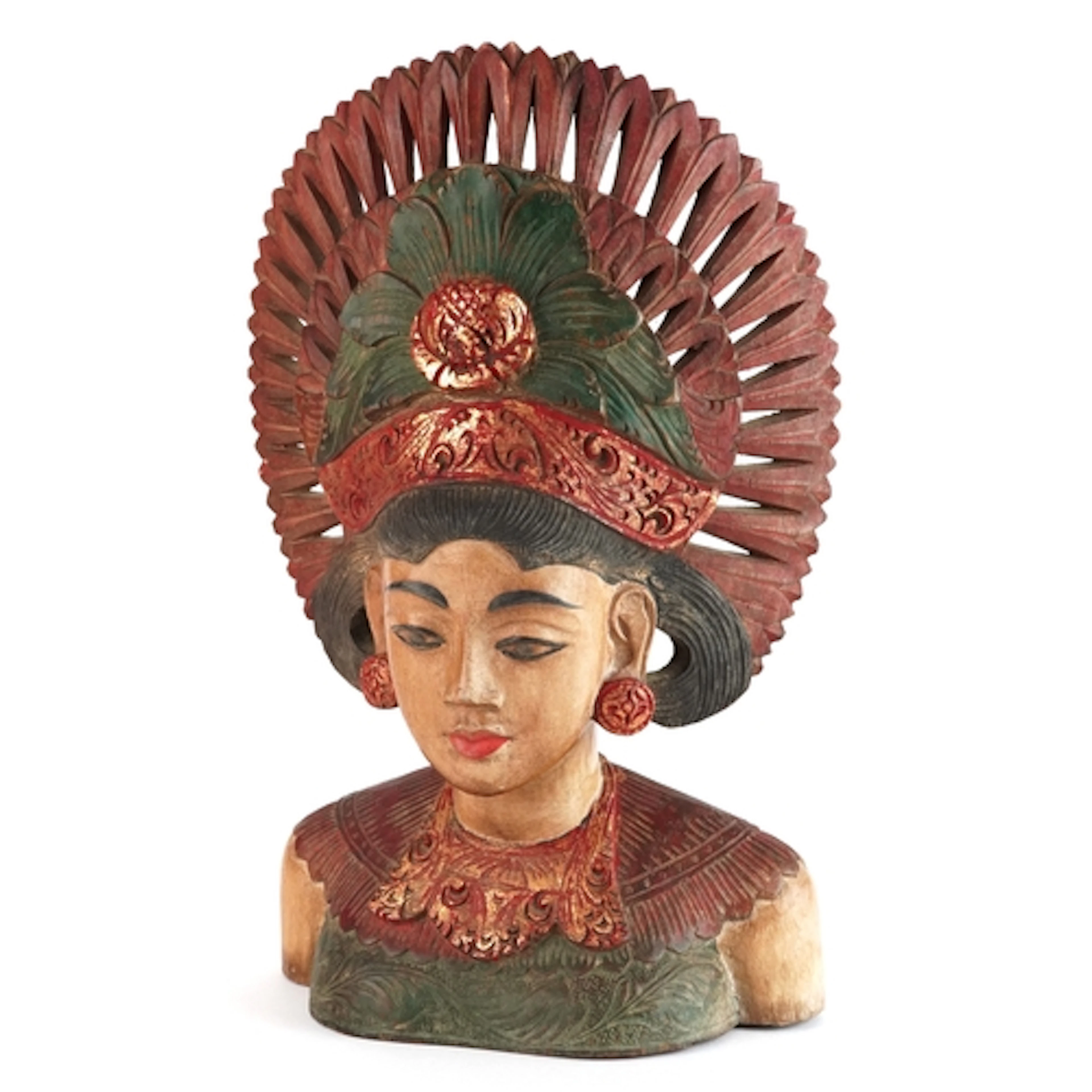 Burmese hand painted carved wood bust of a female in a headd...