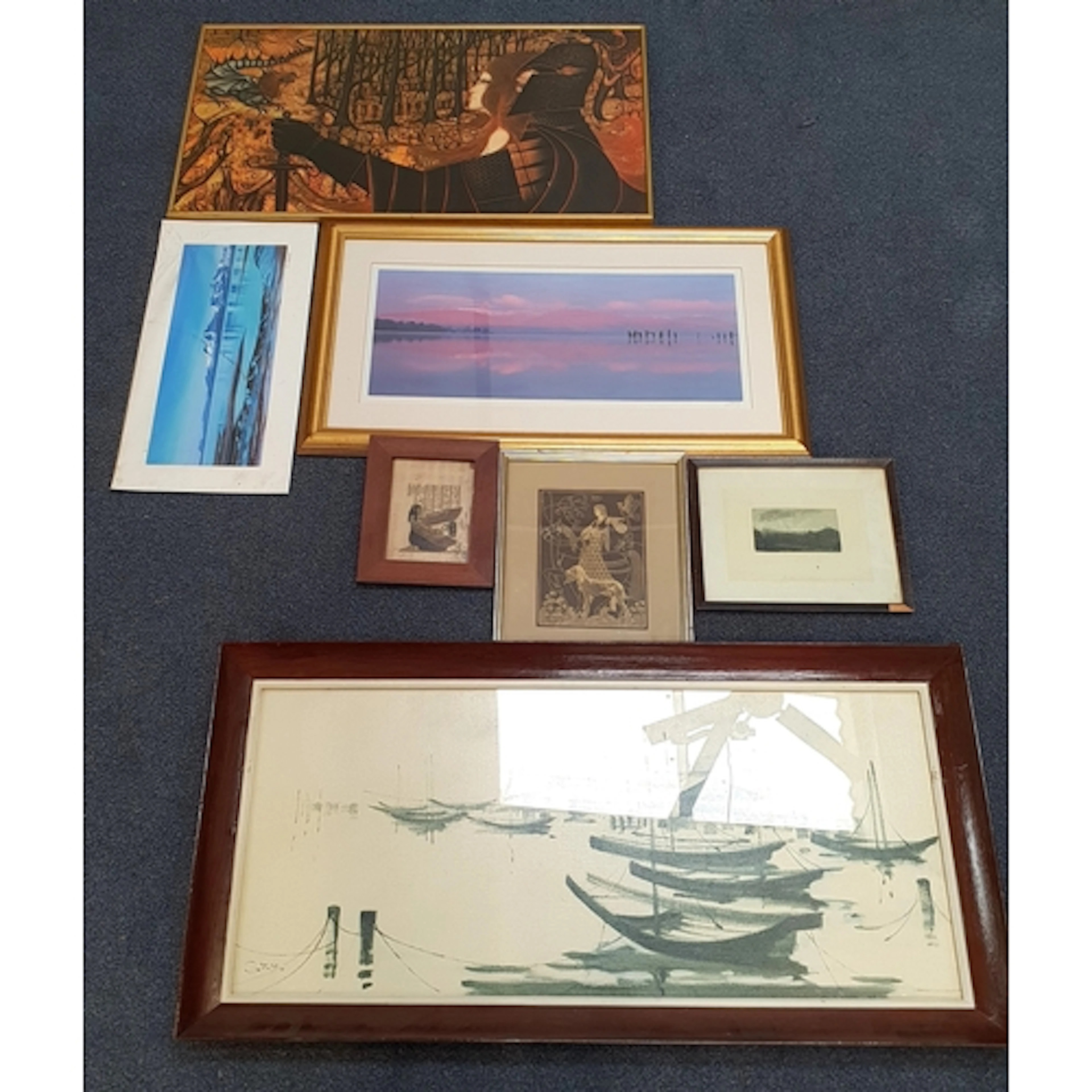 SELECTION OF PICTURES AND PRINTS comprising a gold foil etch...