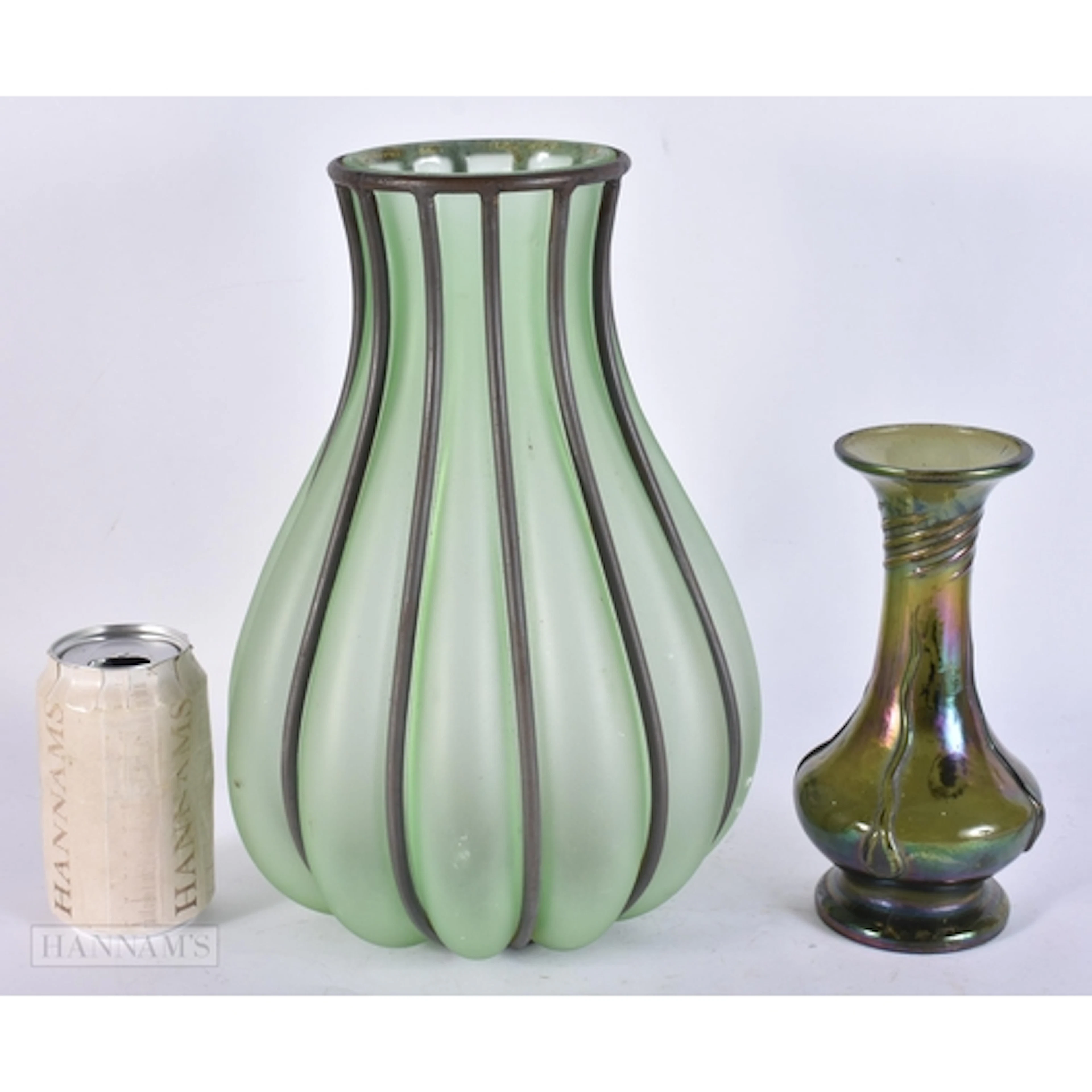 A LOETZ STYLE IRIDESCENT GLASS VASE together with another gl...