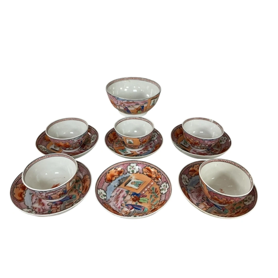 Five 19th century New Hall 'Boy in the Window' pattern tea b...