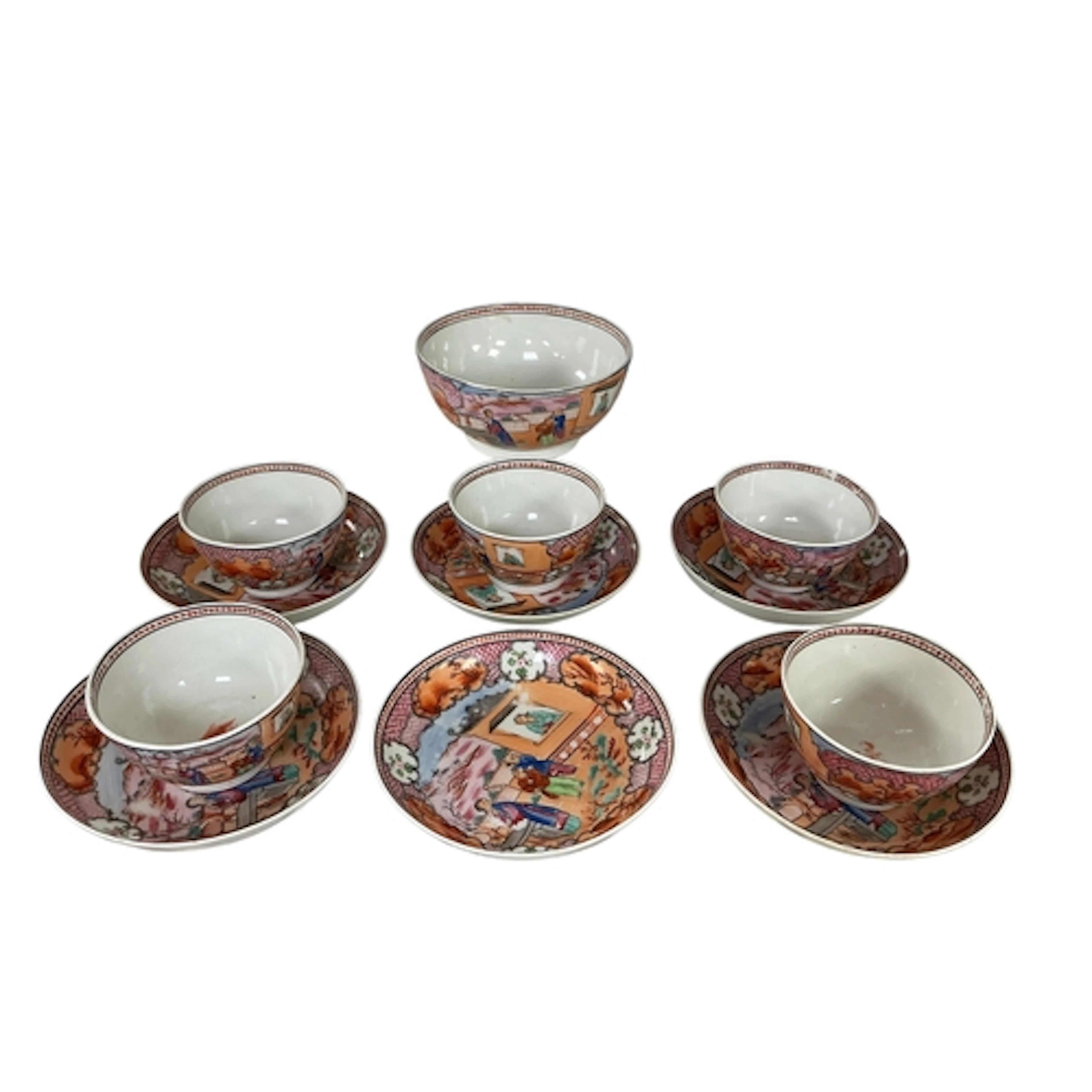 Five 19th century New Hall 'Boy in the Window' pattern tea b...