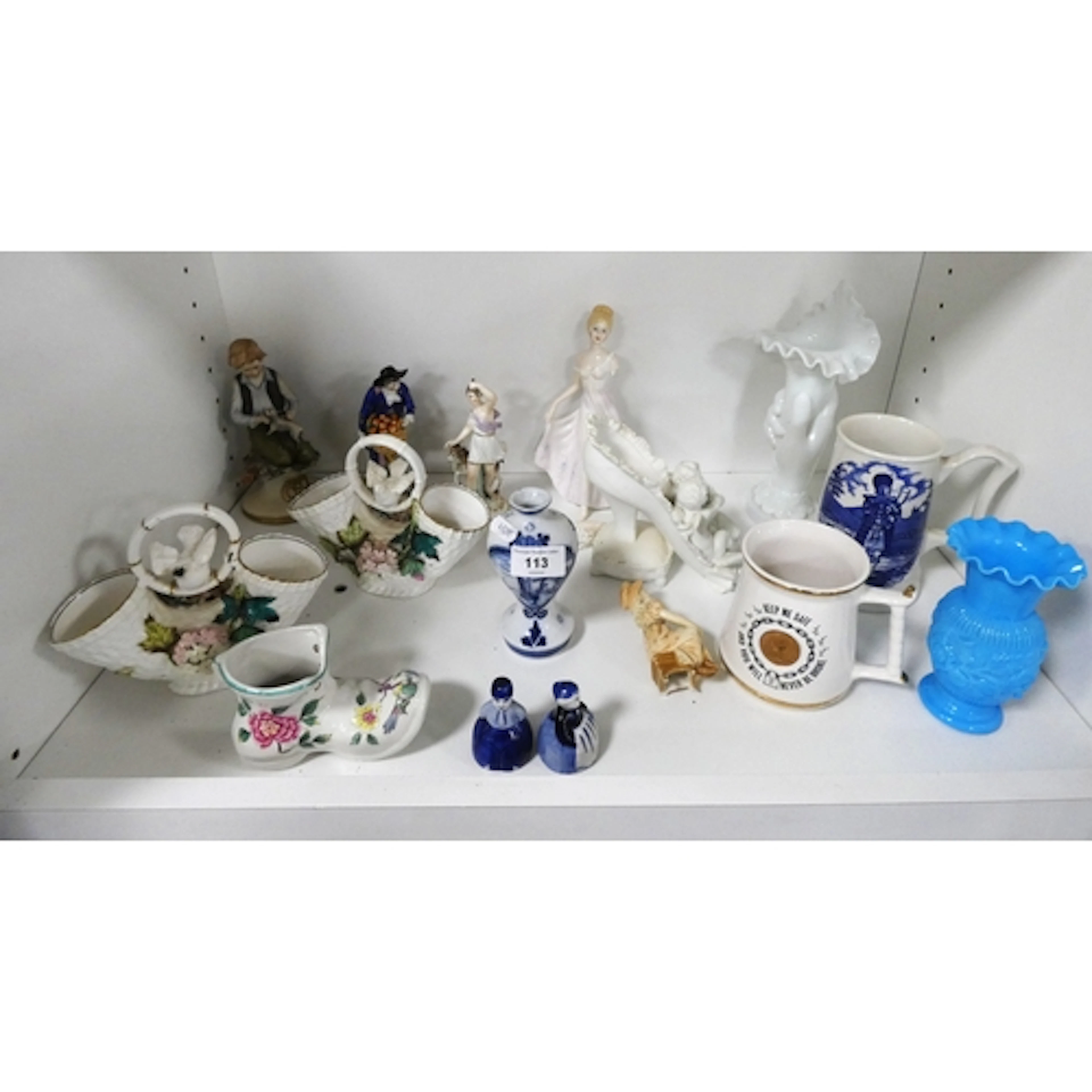 Shelf of porcelain figurines to include Continental Meissen ...