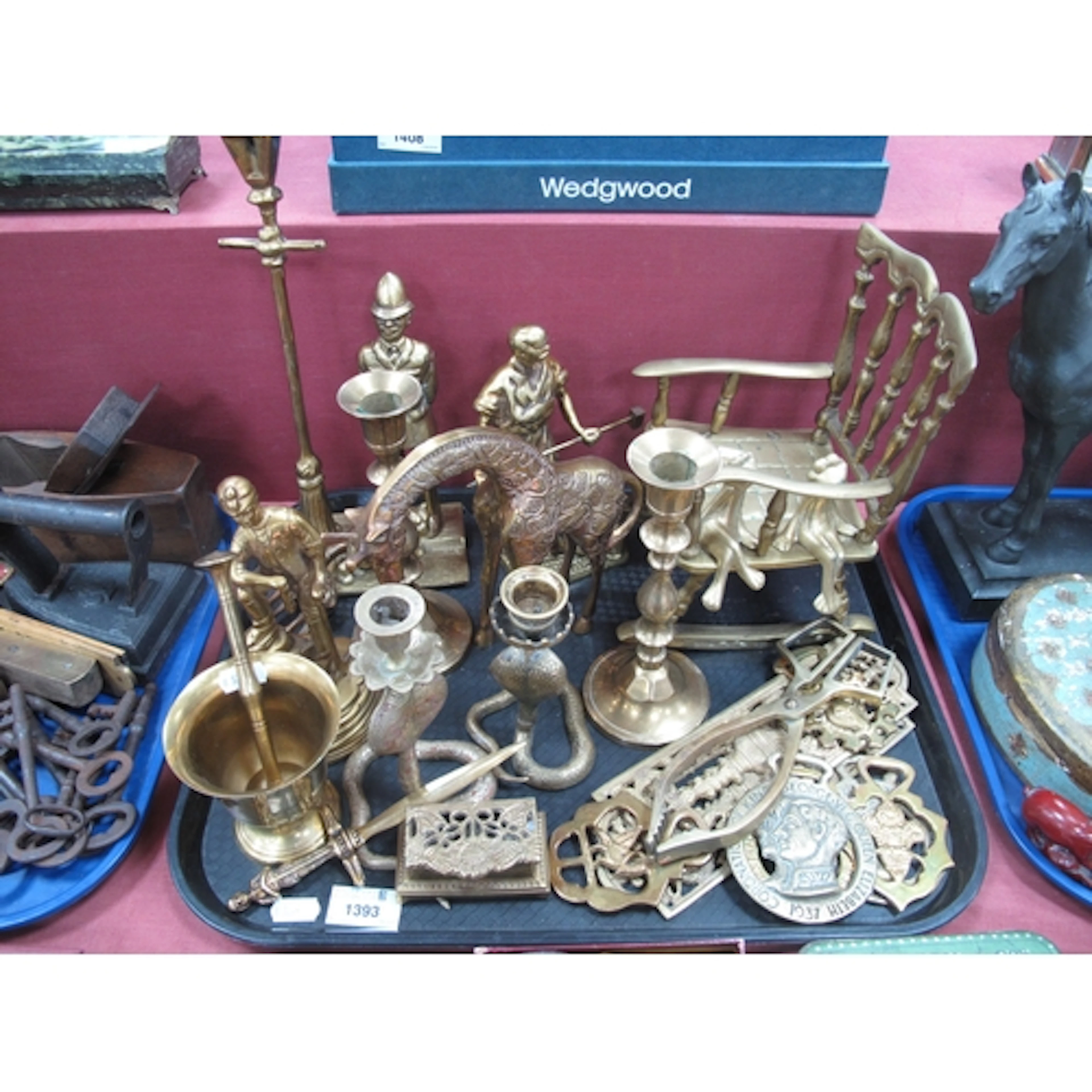 Brassware, including miniature rocking chair, three figural ...