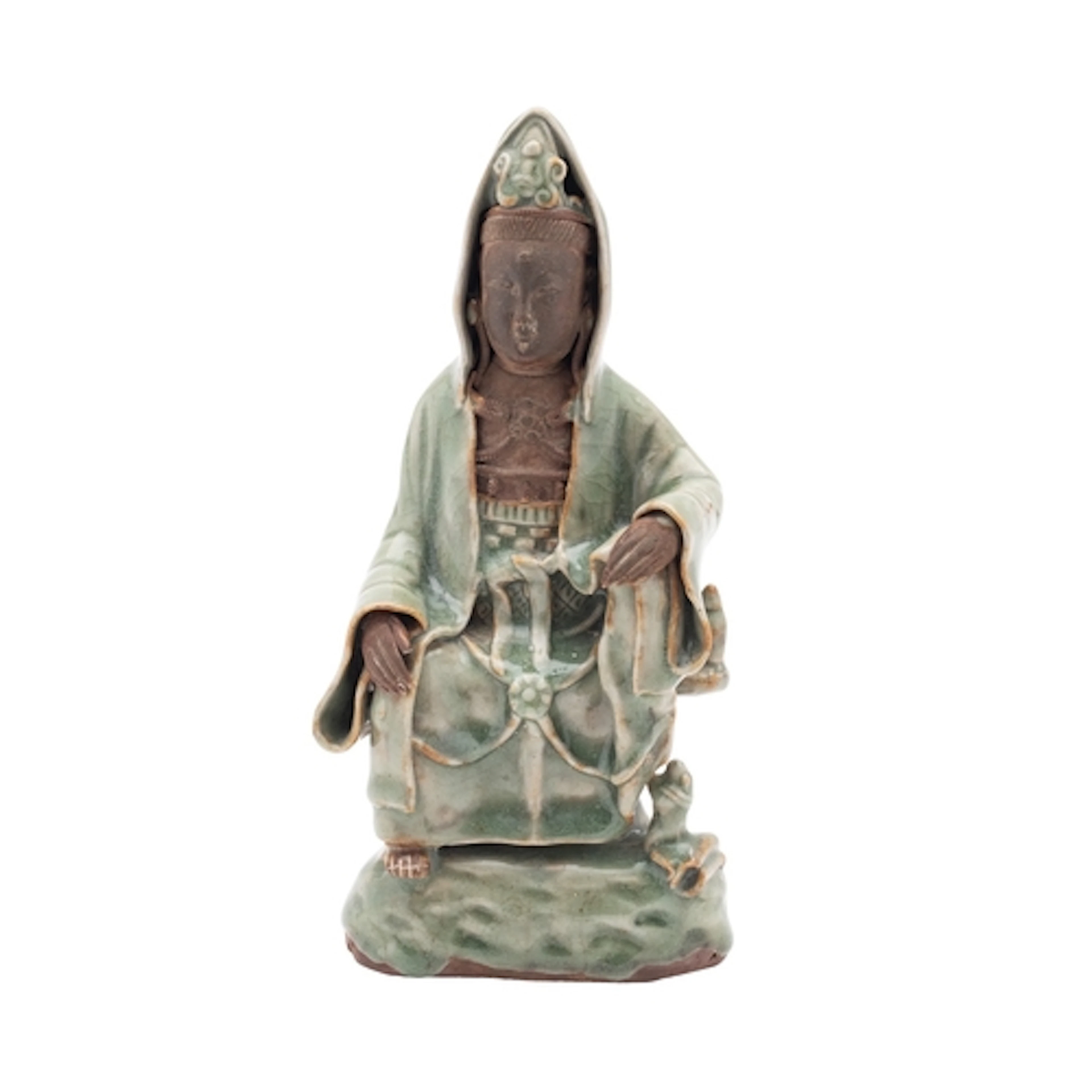 A Chinese Longquan celadon-glazed and biscuit figure of Guan...