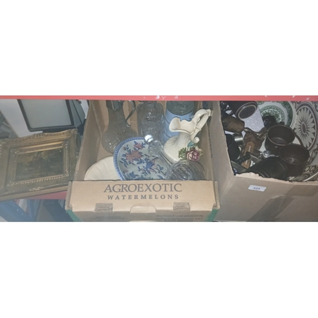 Two boxes of ceramics and glass to include decanters, claret...