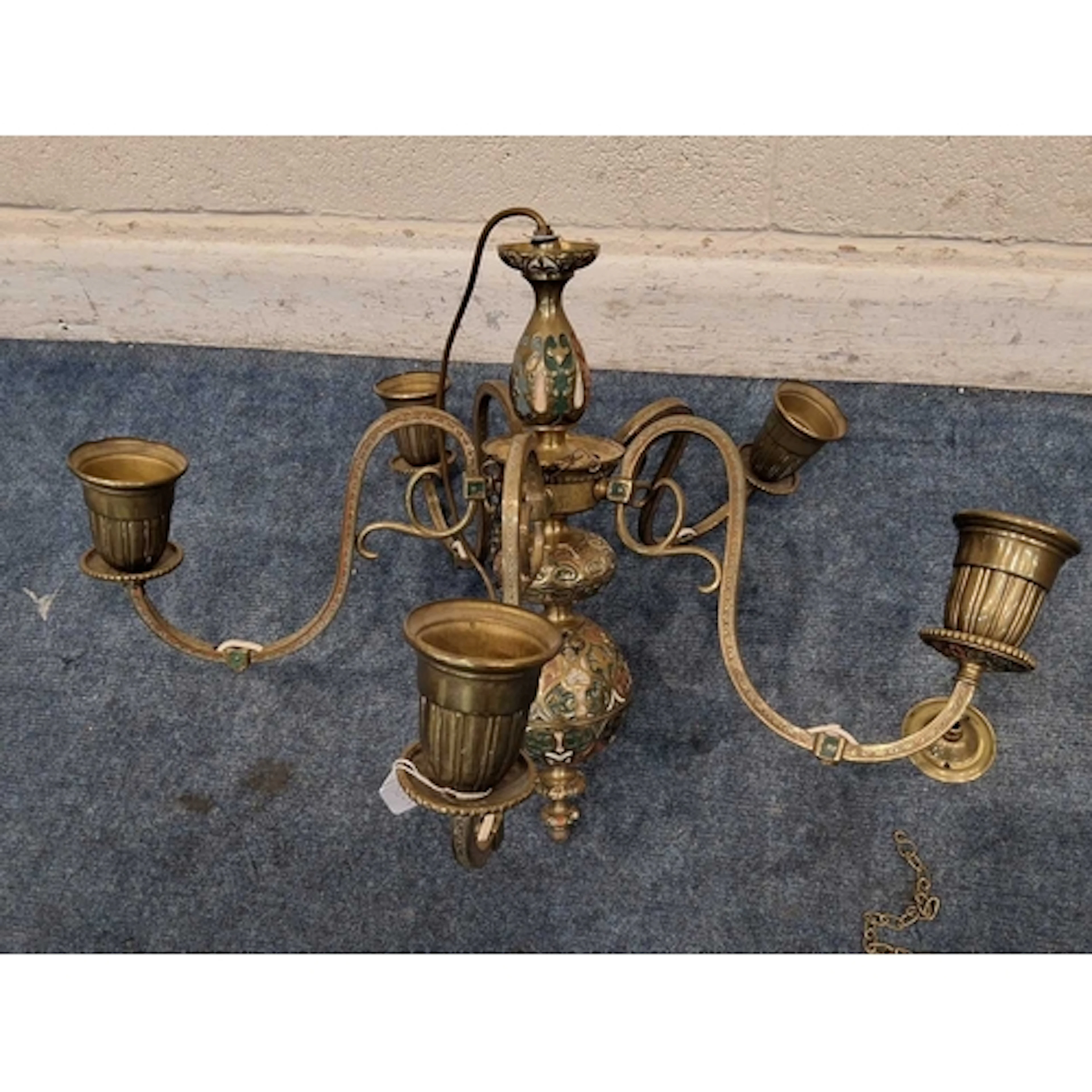 A BRASS FIVE BRANCH CEILING LIGHT, with a bulbous drop and p...