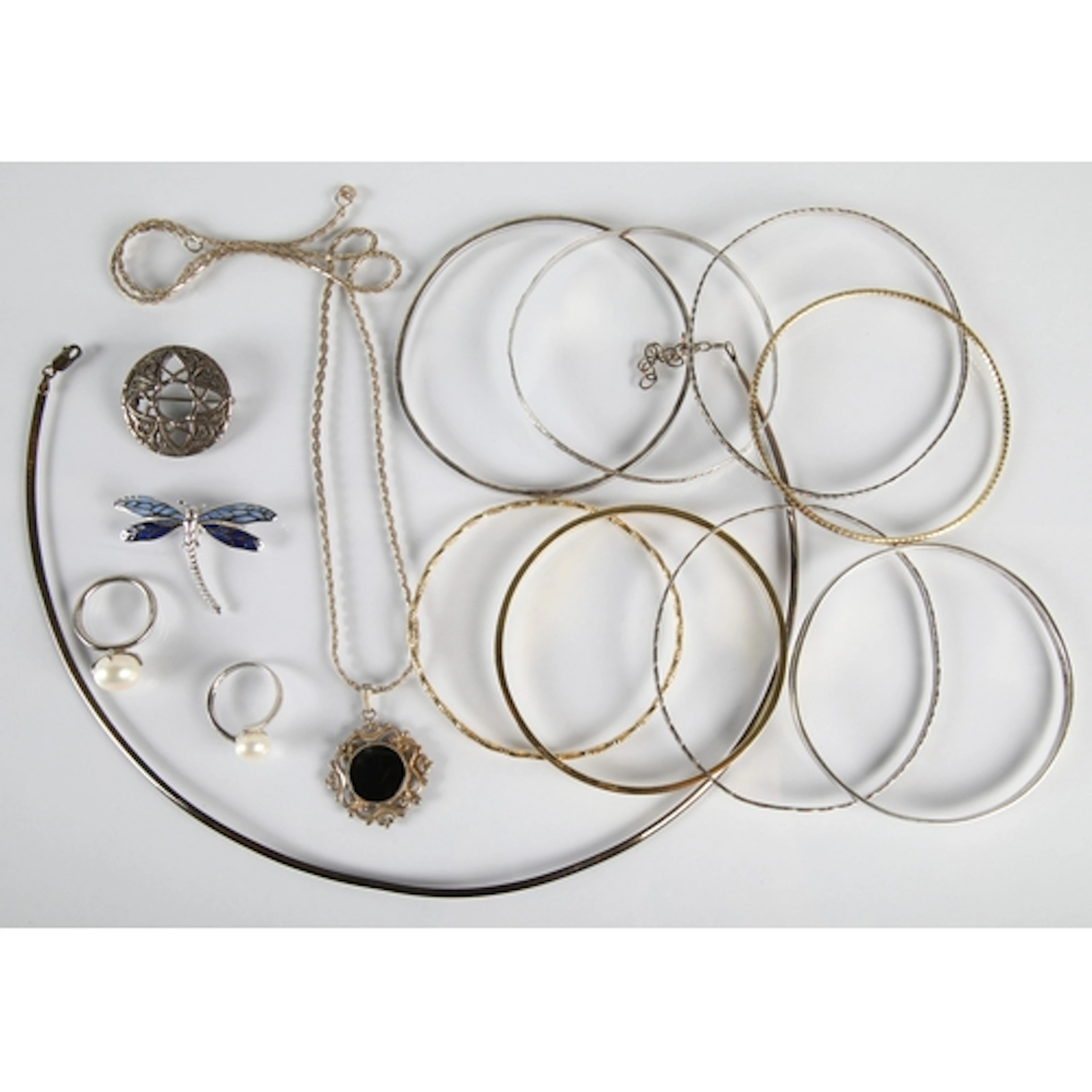 Assorted silver bangles, silver chain, silver brooch r...
