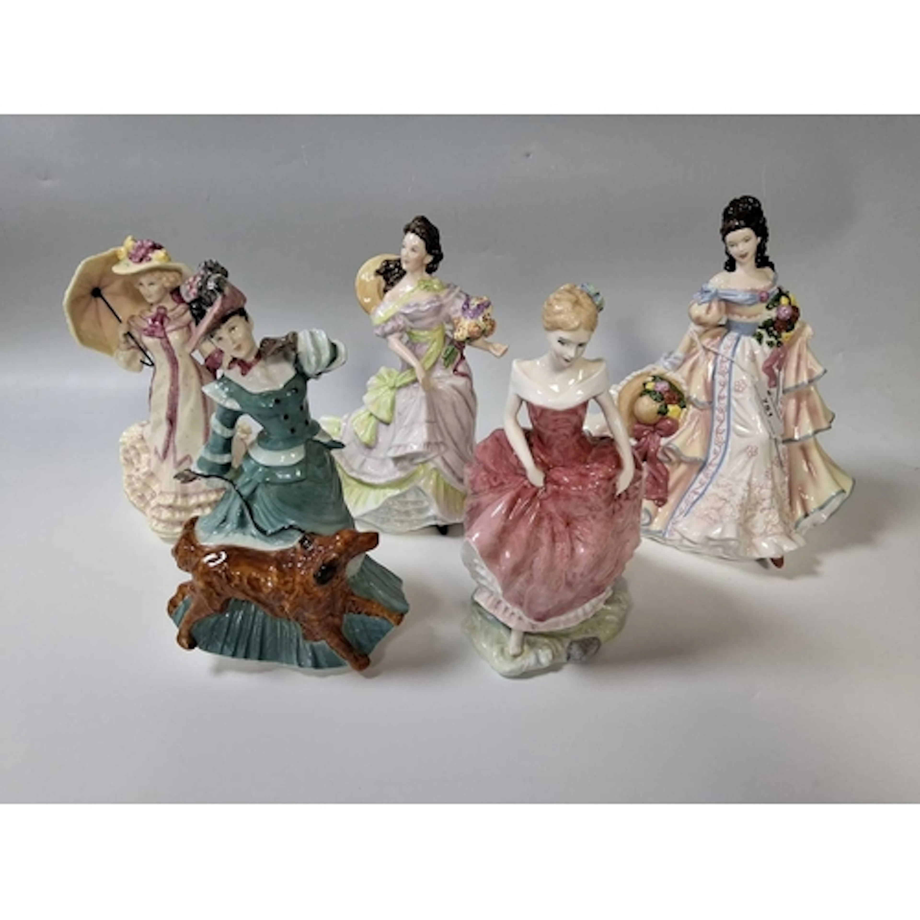 A GROUP OF FIVE PORCELAIN ROYAL DOULTON LADIES comprising 'B...