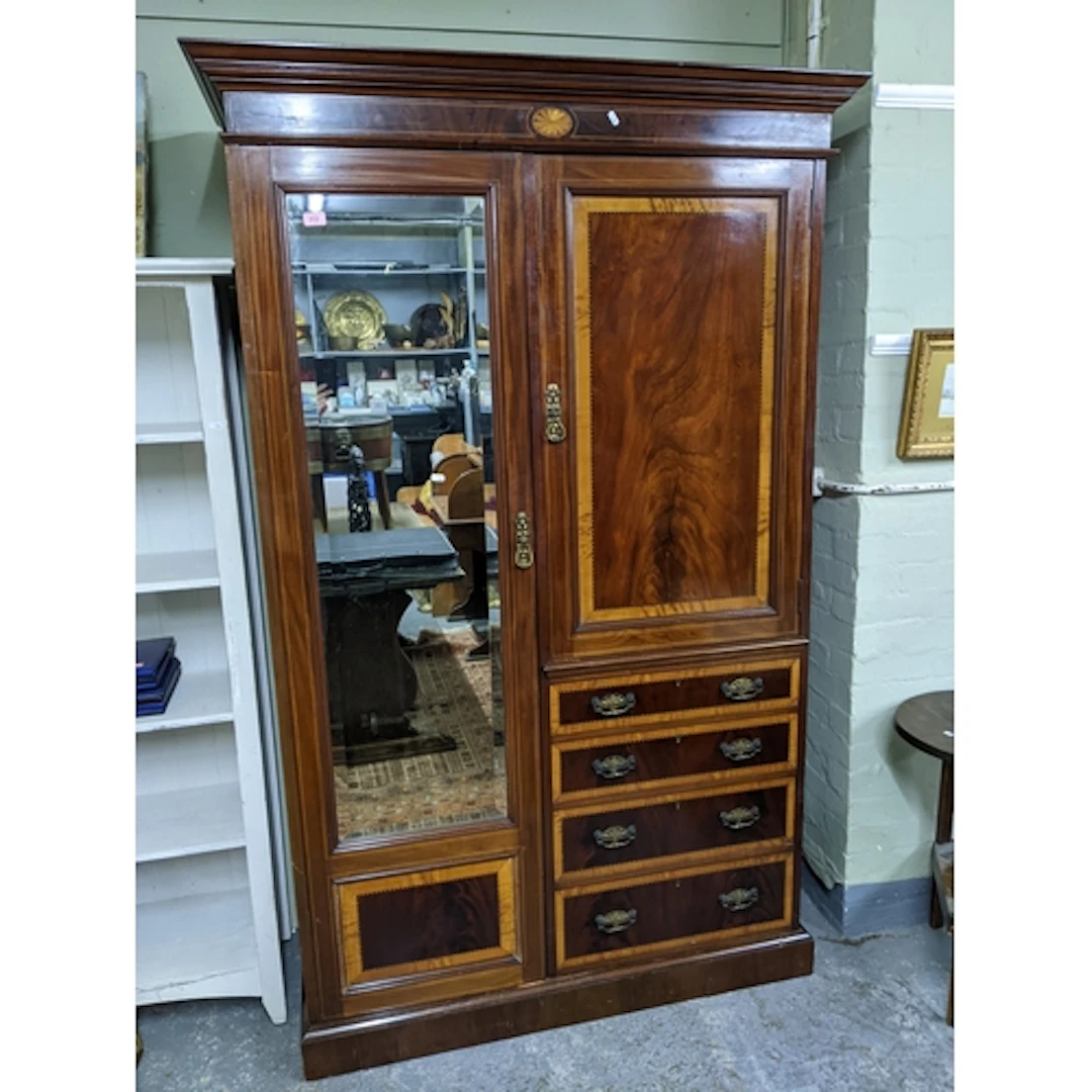 Edwardian inlaid mahogany wardrobe, stepped pediment over a ...