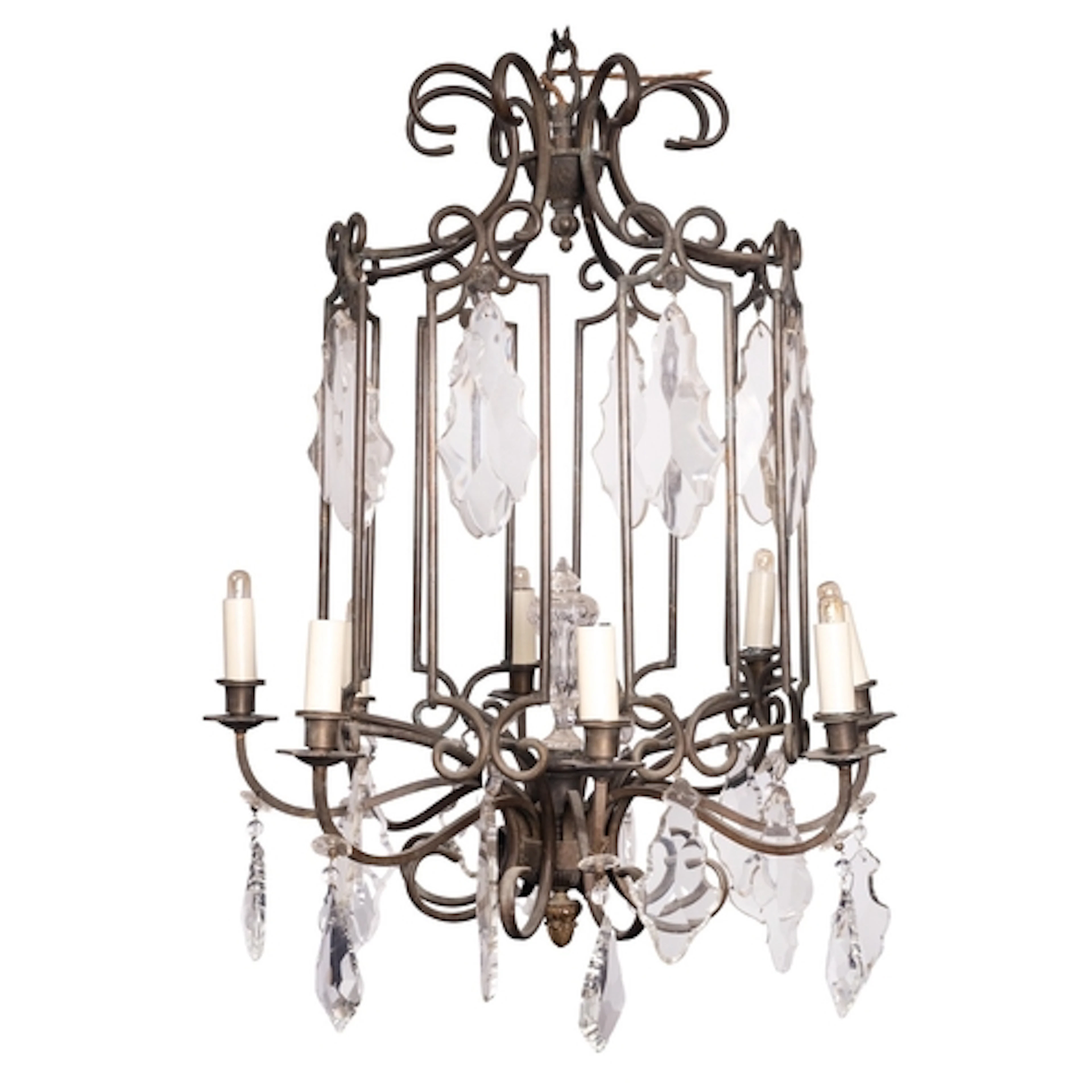 A patinated metal and glass hung eight -light 'cage' chandel...