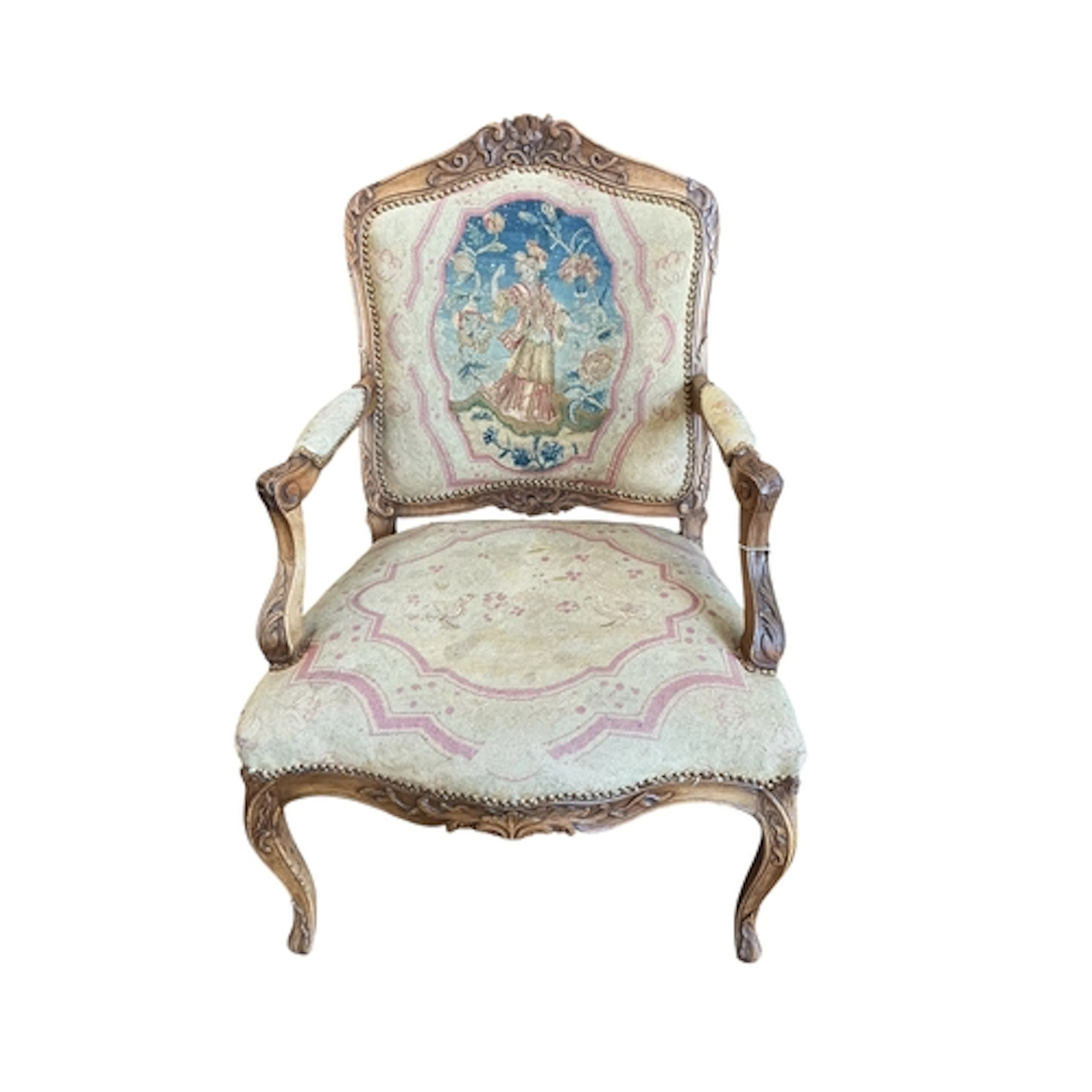 A 19th century French carved walnut tapestry upholstered fau...