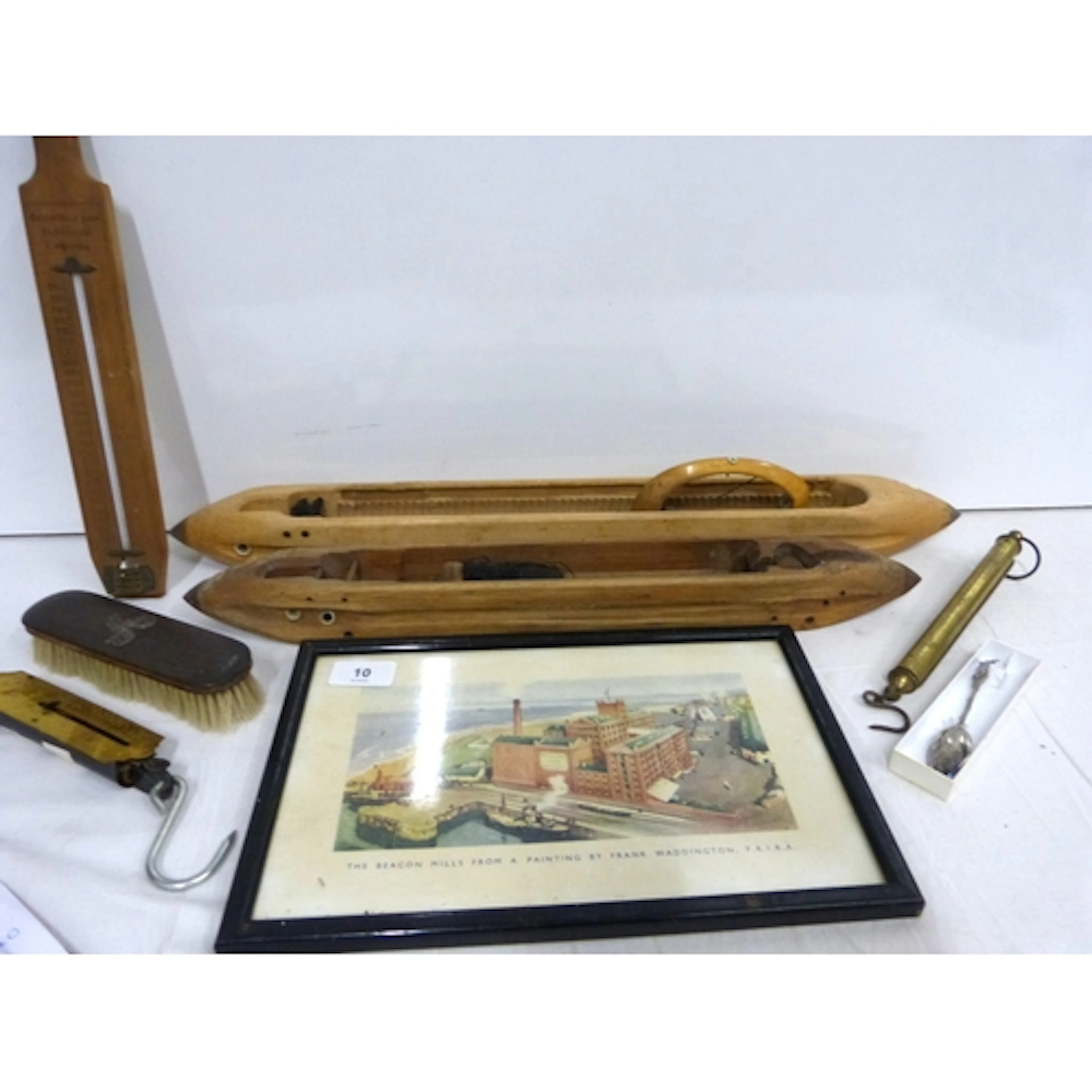 Box of various to include scales, thermometer, loom shuttles...