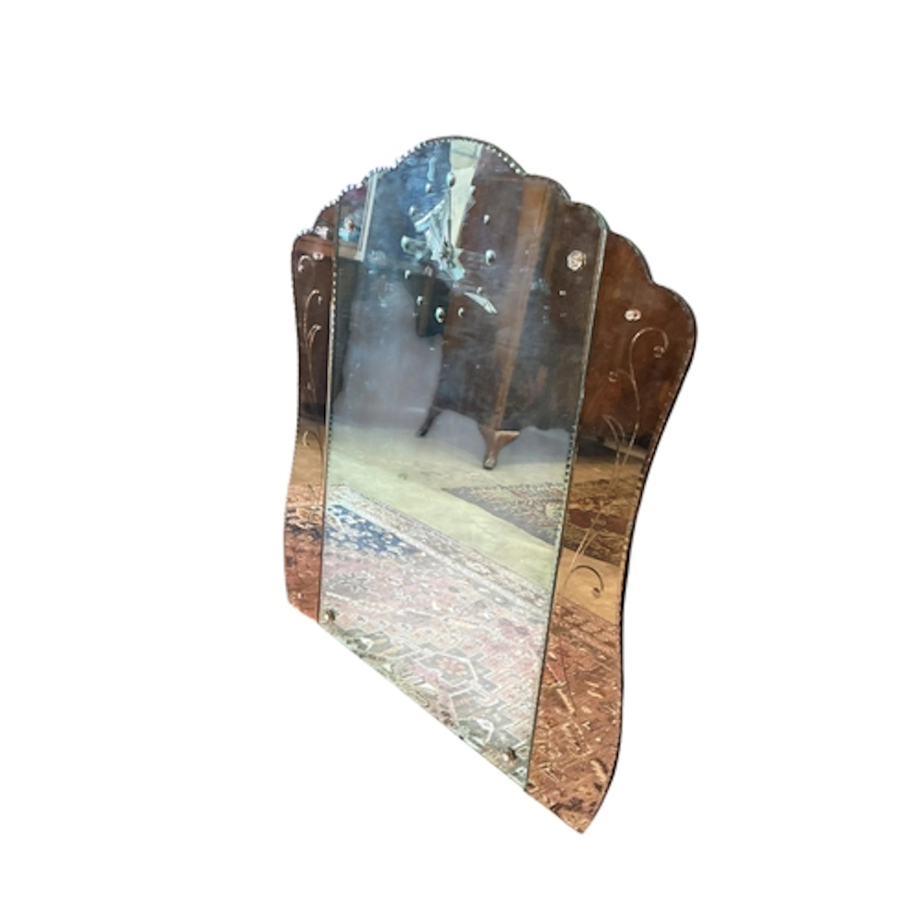 A Deco style peach and clear glass mirror inset with a timep...