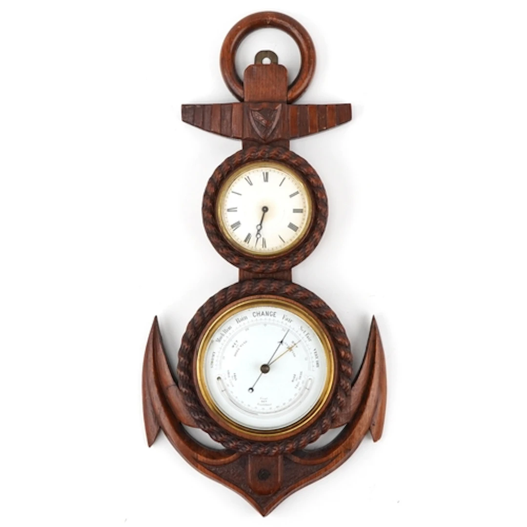 Late 19th century anchor shaped carved oak wall barometer an...