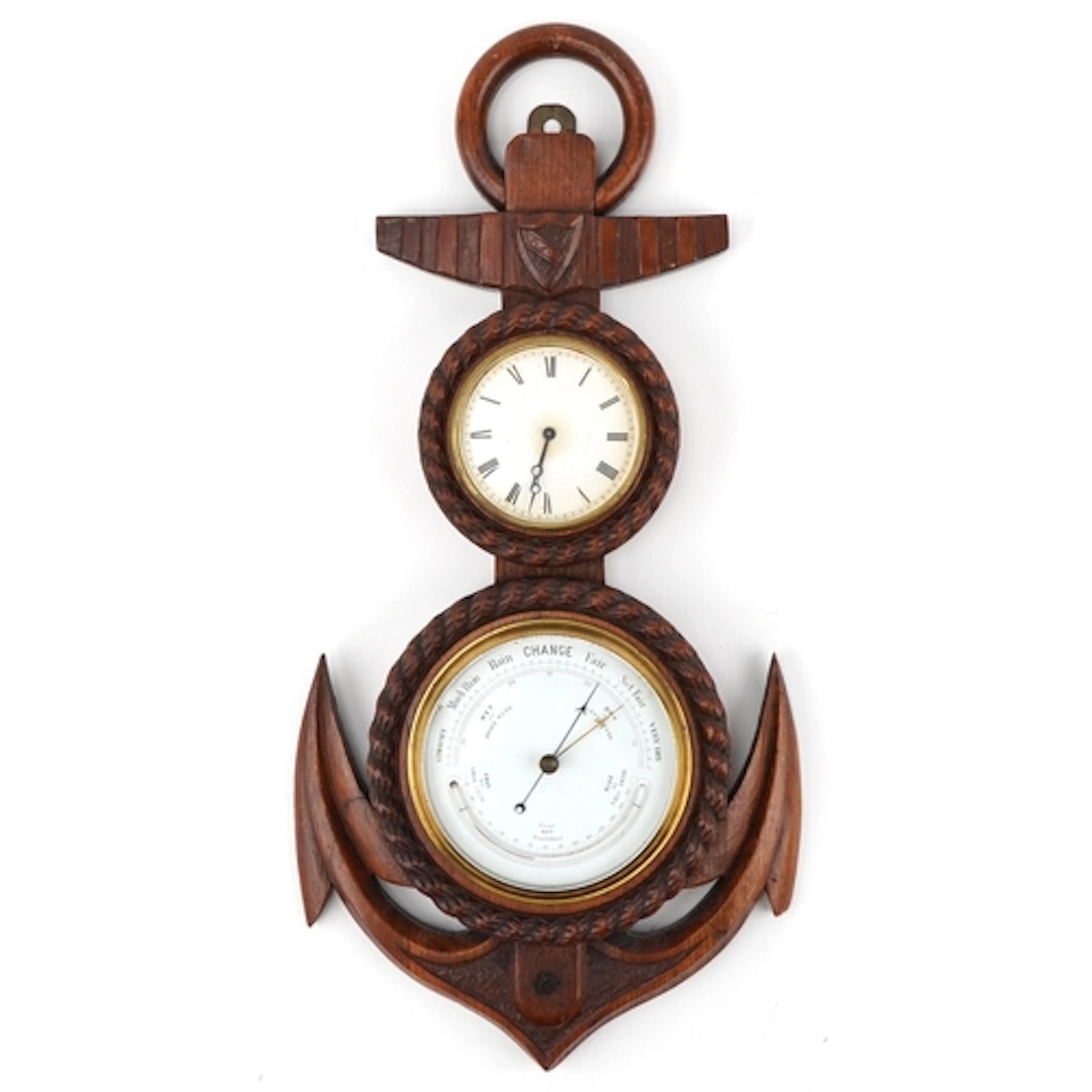 Late 19th century anchor shaped carved oak wall barometer an...