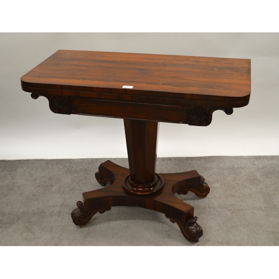 19th Century rosewood fold-over D-shaped card table, with ba...