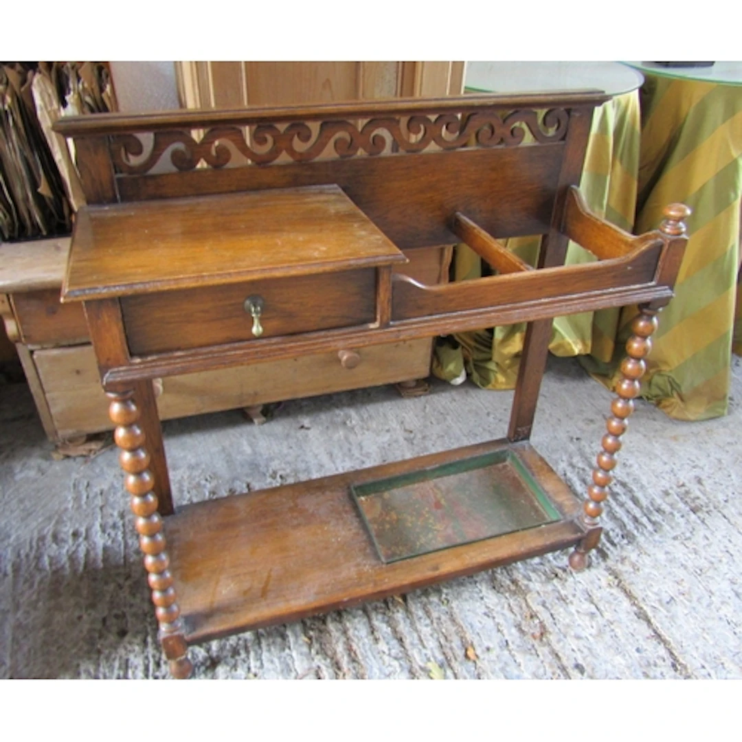 Antique Oak Stick and Umbrella Stand with Drawer Turned Supp...