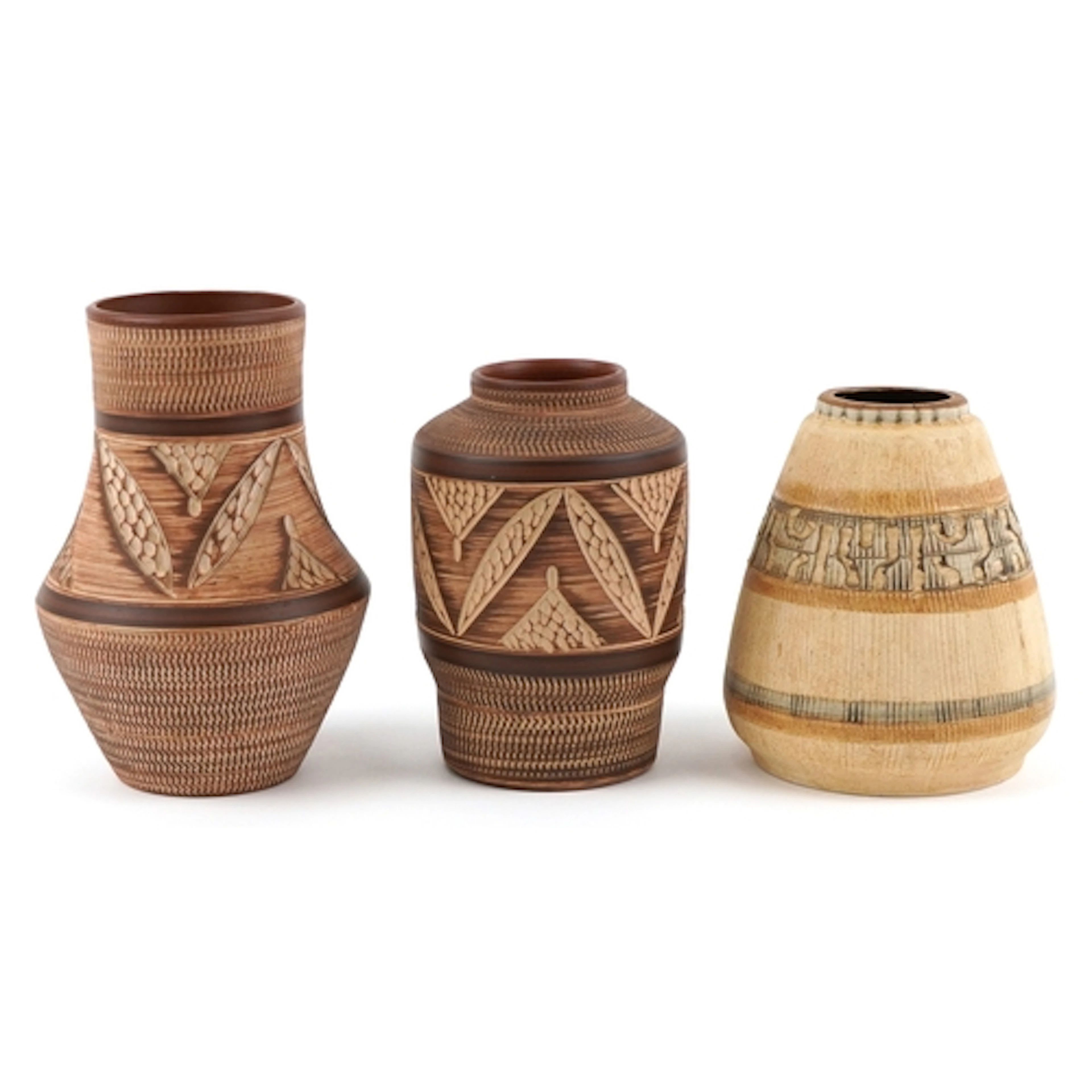 Three contemporary studio pottery vases, each with incised d...