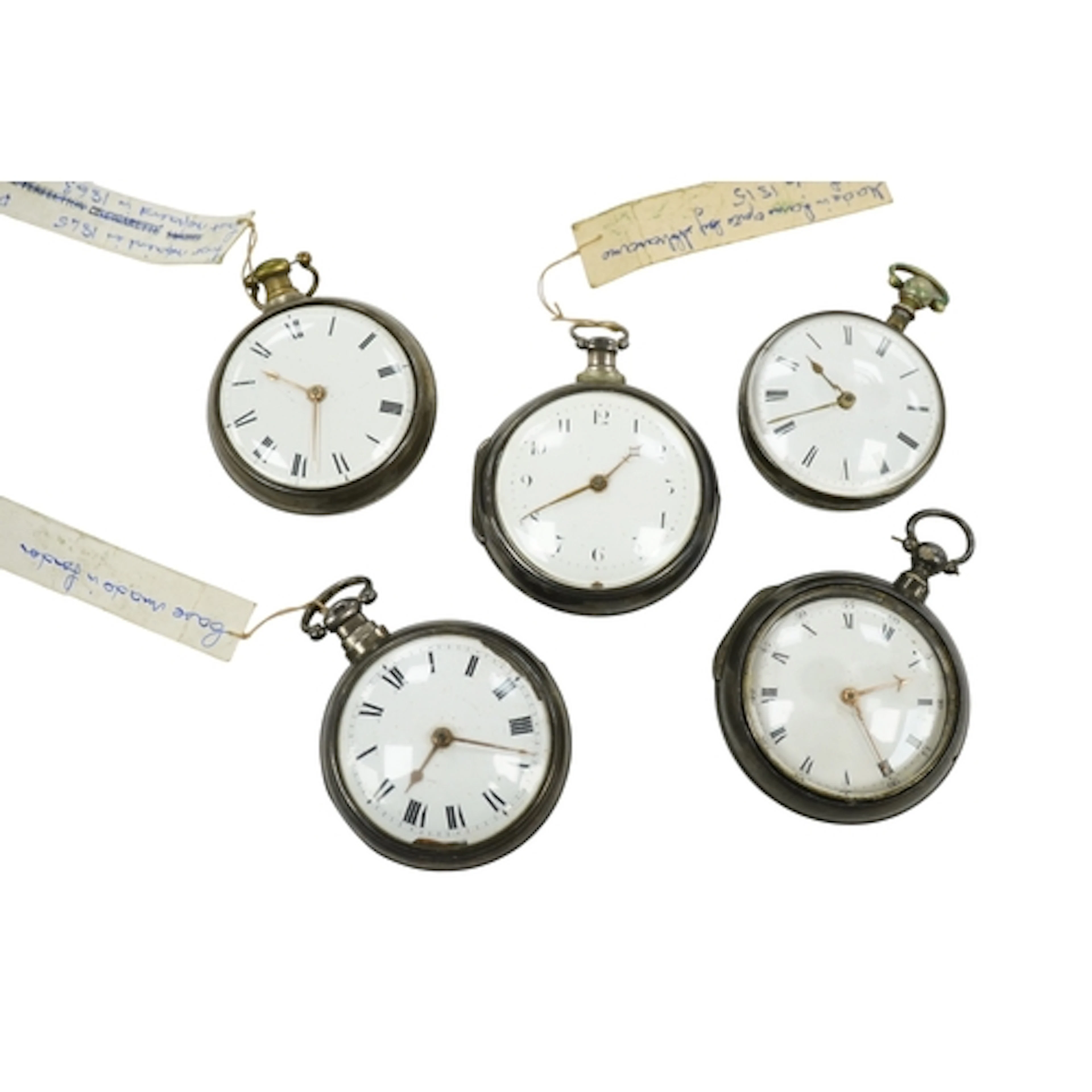 Five assorted Georgian silver pair cased key wind verge pock...