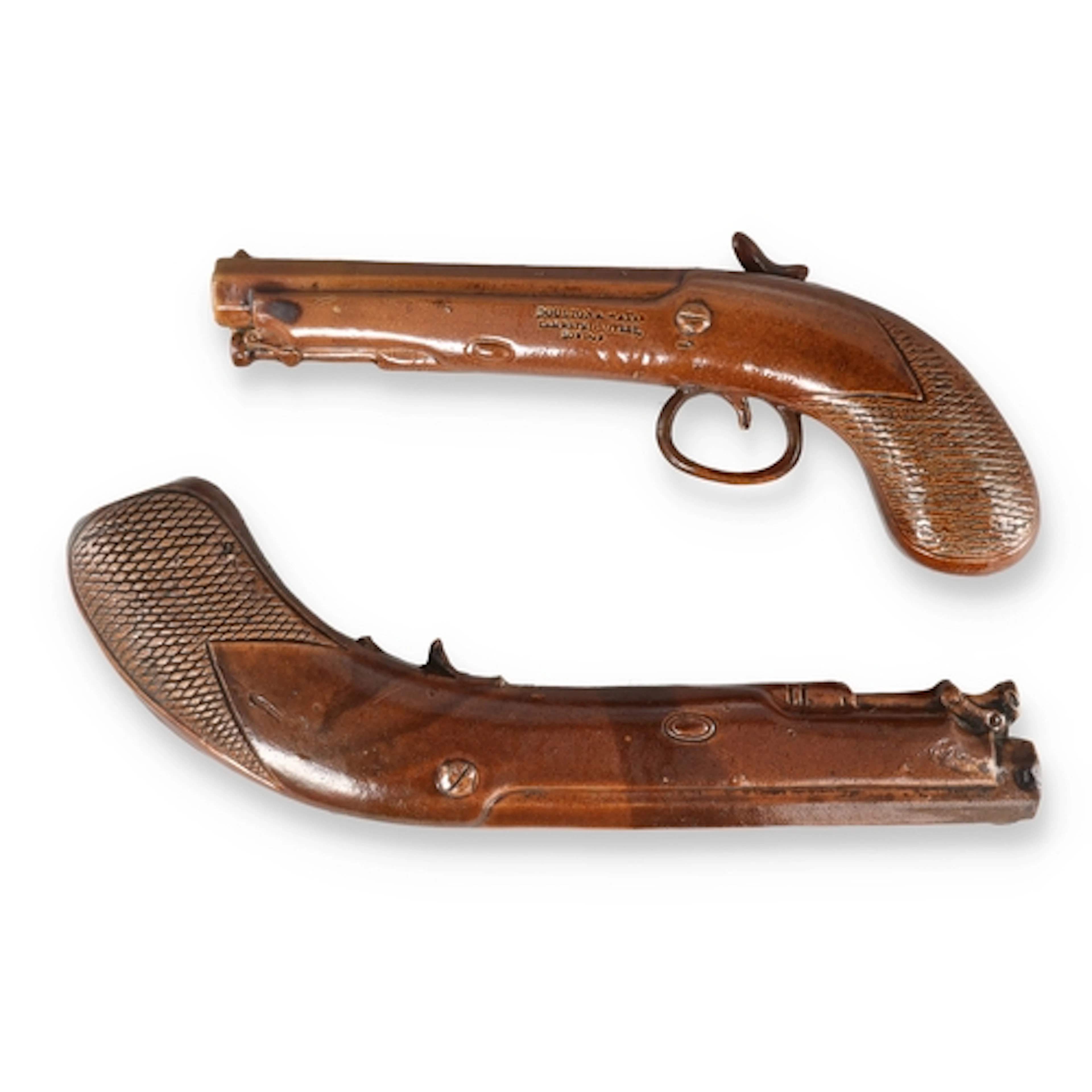 A DOULTON AND WATTS SALT-GLAZED POTTERY FLINTLOCK PISTOL FLA...