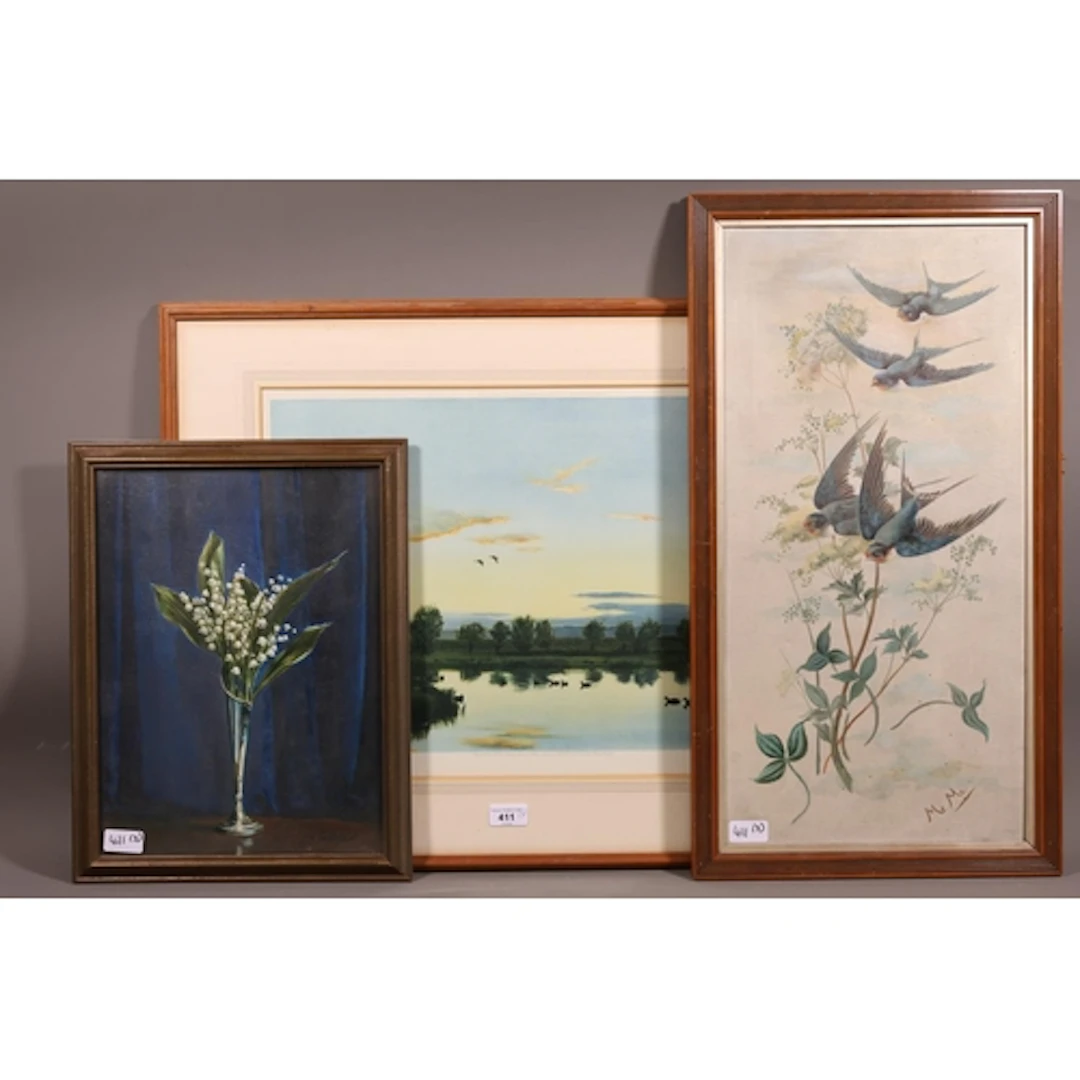 MM (20TH CENTURY), Swallows, oil painting on canvas, signed ...