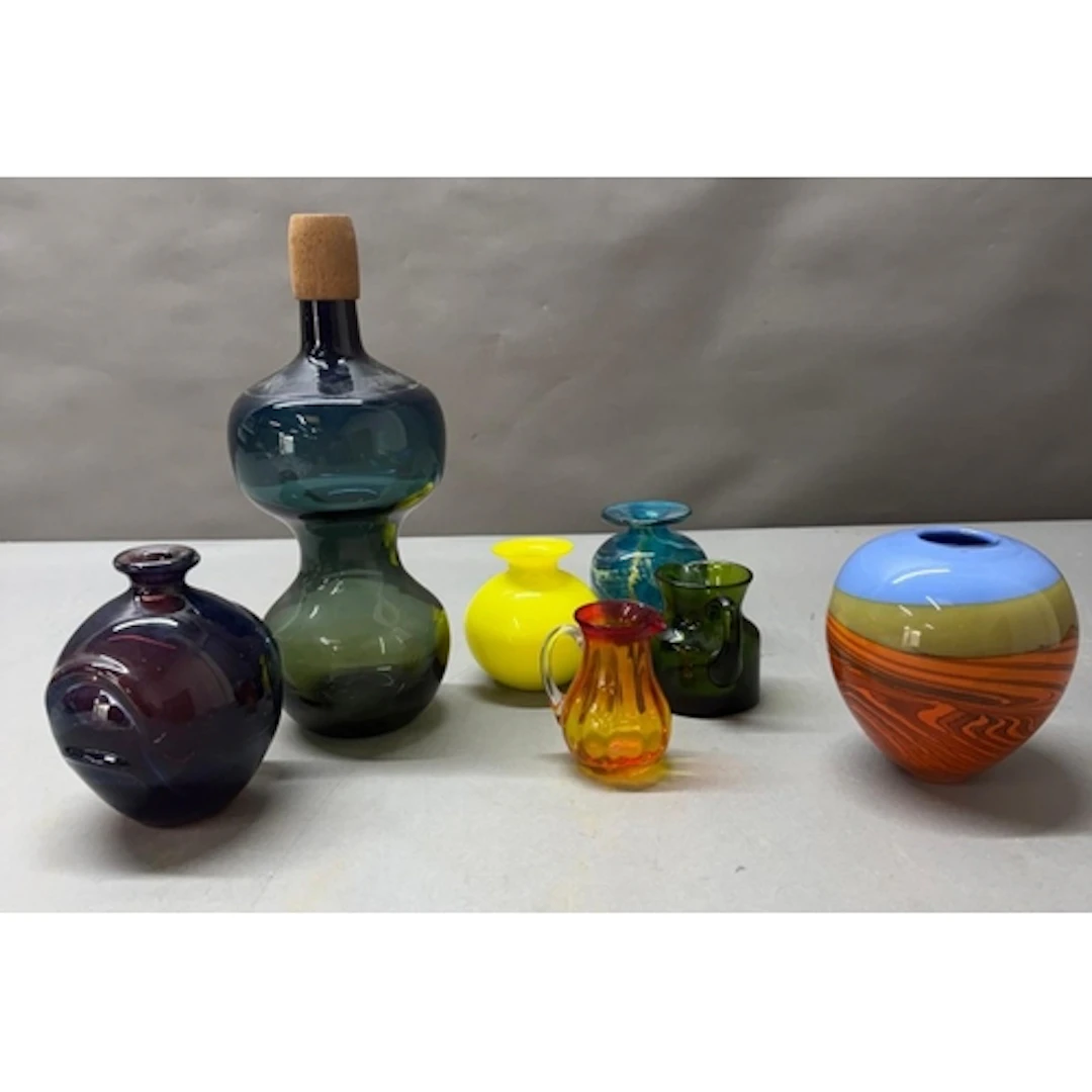 A selection of seven pieces of studio glass including Mdina....