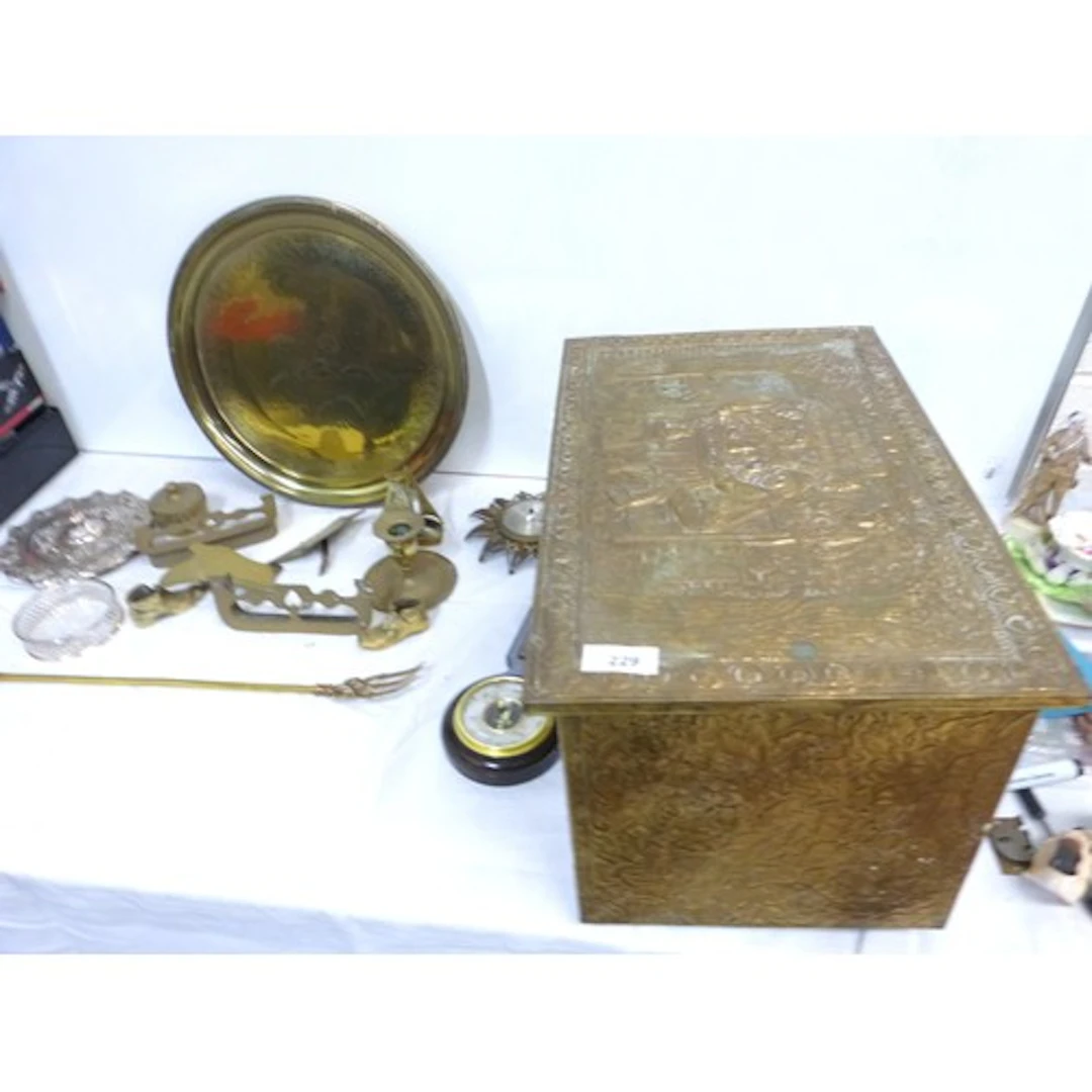 Brass log box, toasting fork, candlestick etc.