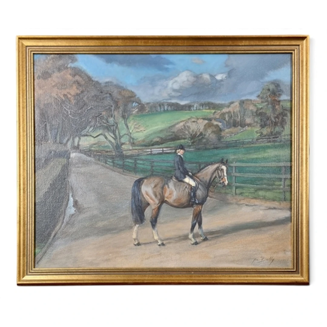 June Brilly. A 20th Century Oil on Canvas of a Woman on Hors...
