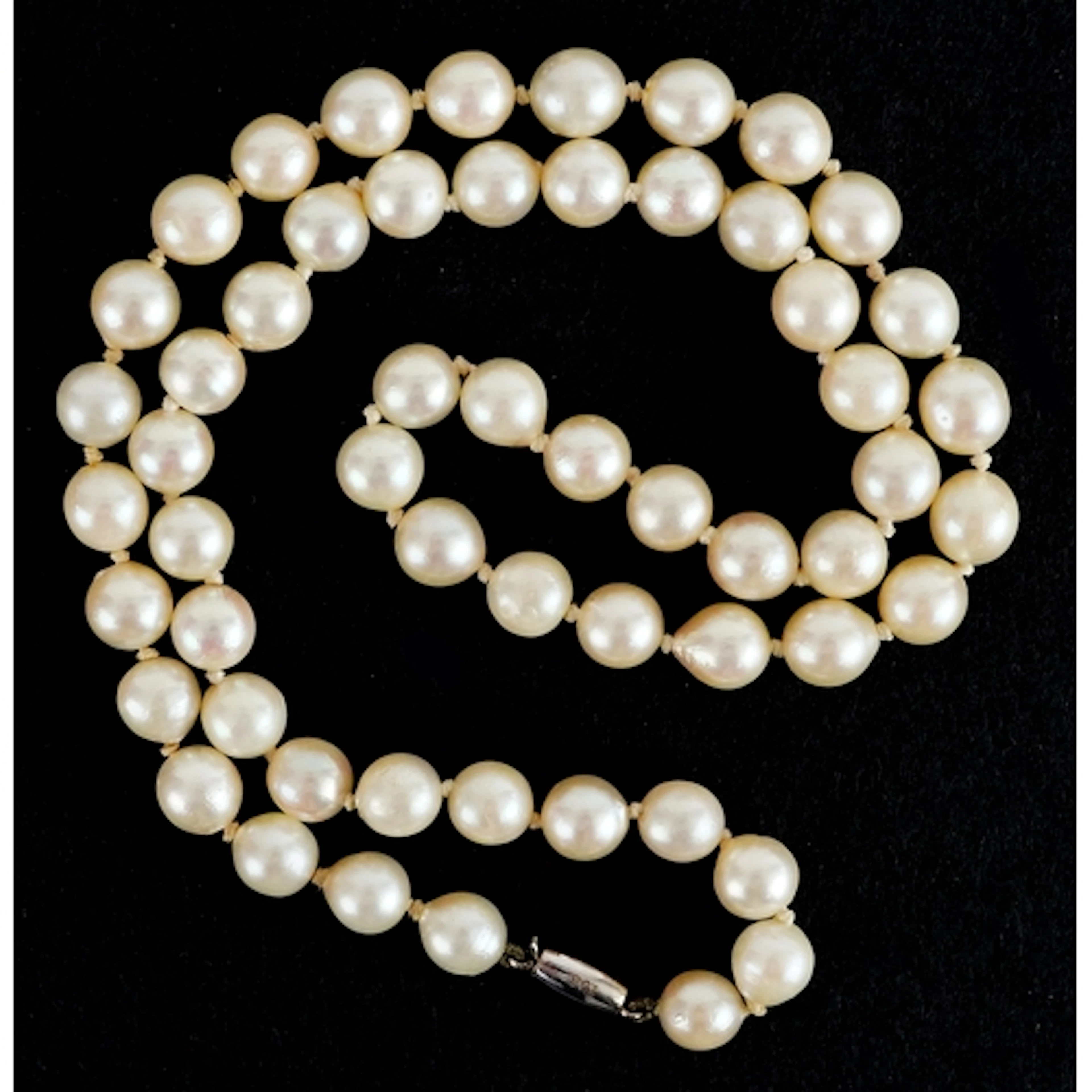 Cultured pearl necklace with 9ct white gold clasp, each pear...